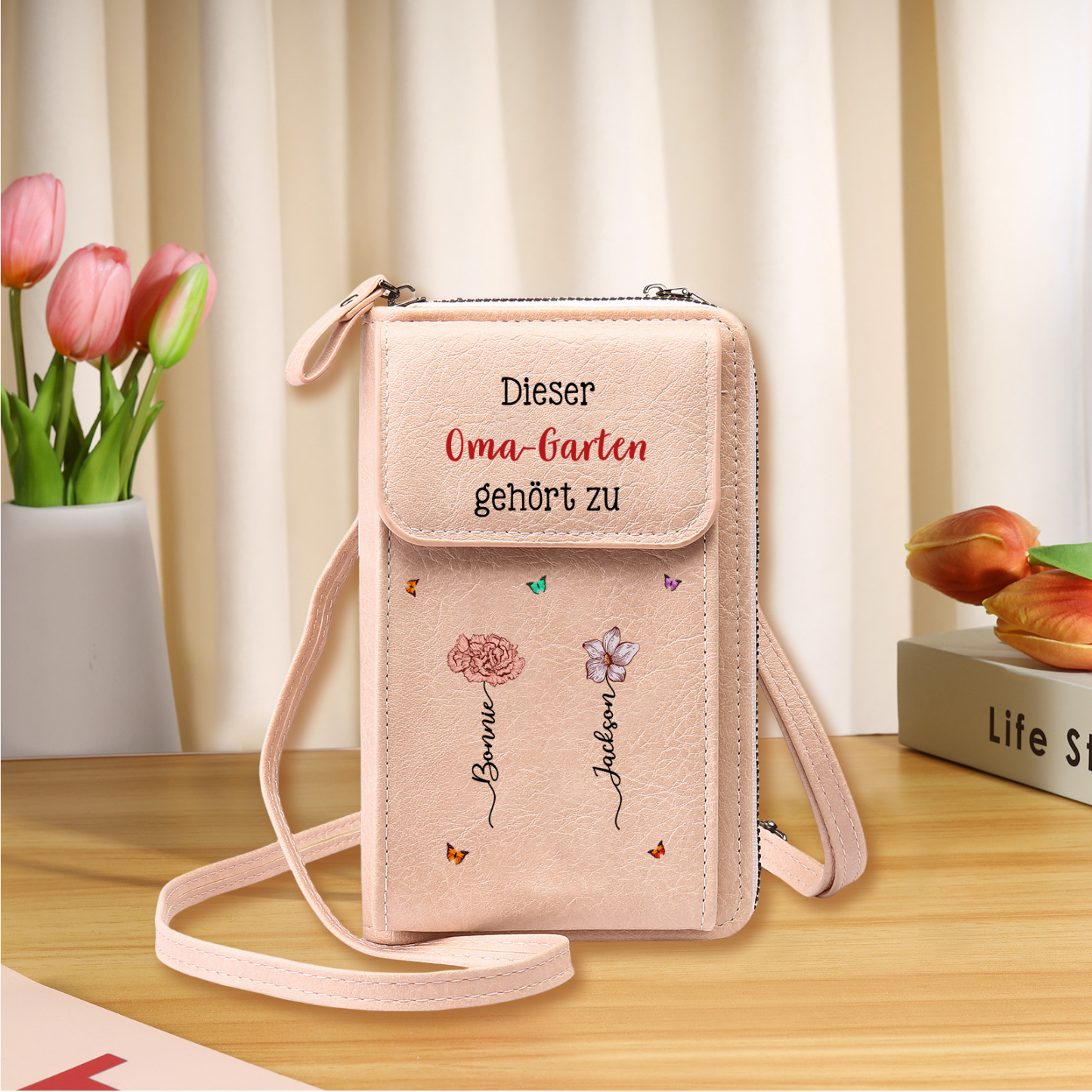 Personalisierte Umhängetasche für Handy, individuell mit 1-6 Namen & Geburtsblumen – Portemonnaie, Geburtstagsgeschenk für Oma