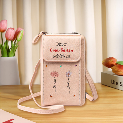 Personalisierte Umhängetasche für Handy, individuell mit 1-6 Namen & Geburtsblumen – Portemonnaie, Geburtstagsgeschenk für Oma