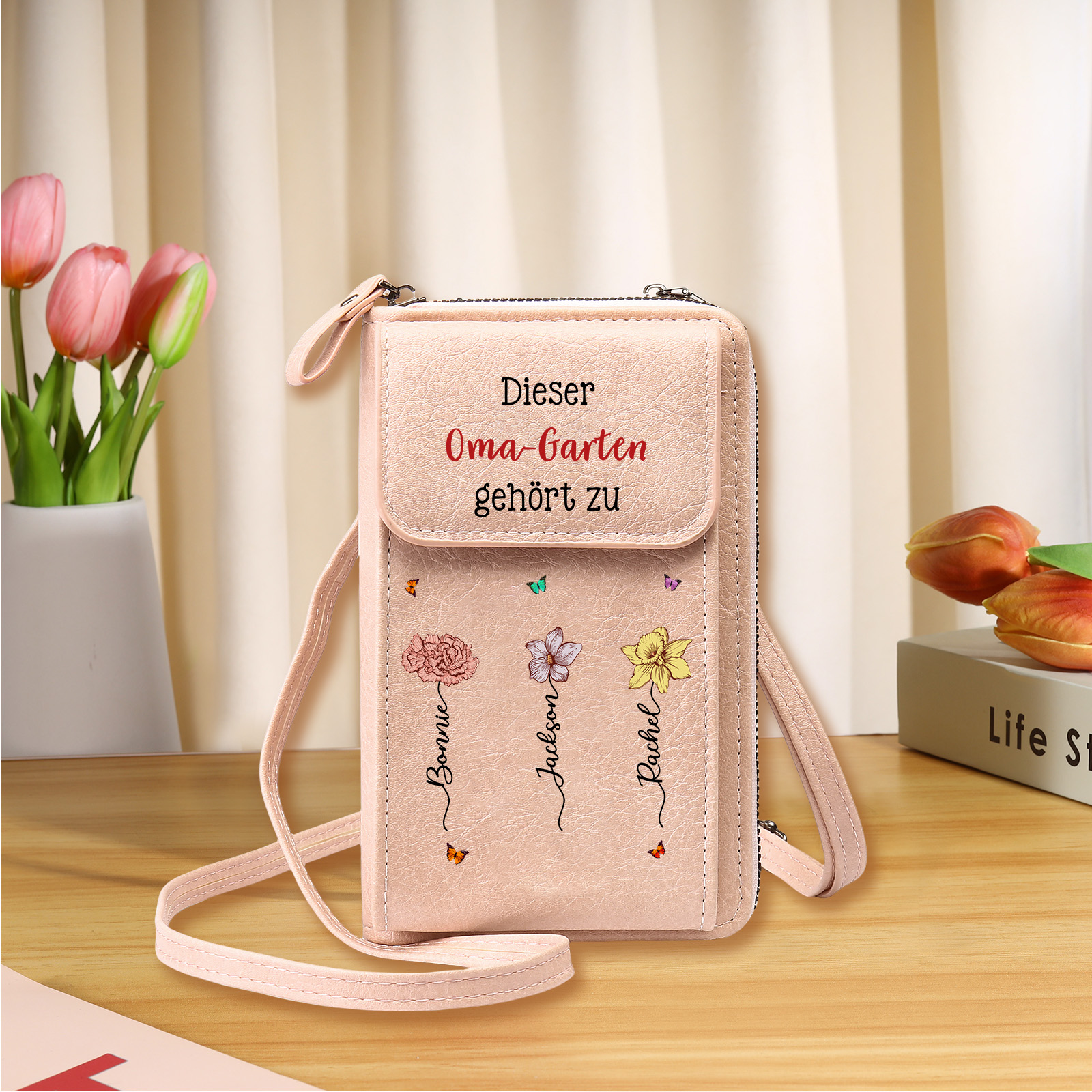 Personalisierte Umhängetasche für Handy, individuell mit 1-6 Namen & Geburtsblumen – Portemonnaie, Geburtstagsgeschenk für Oma