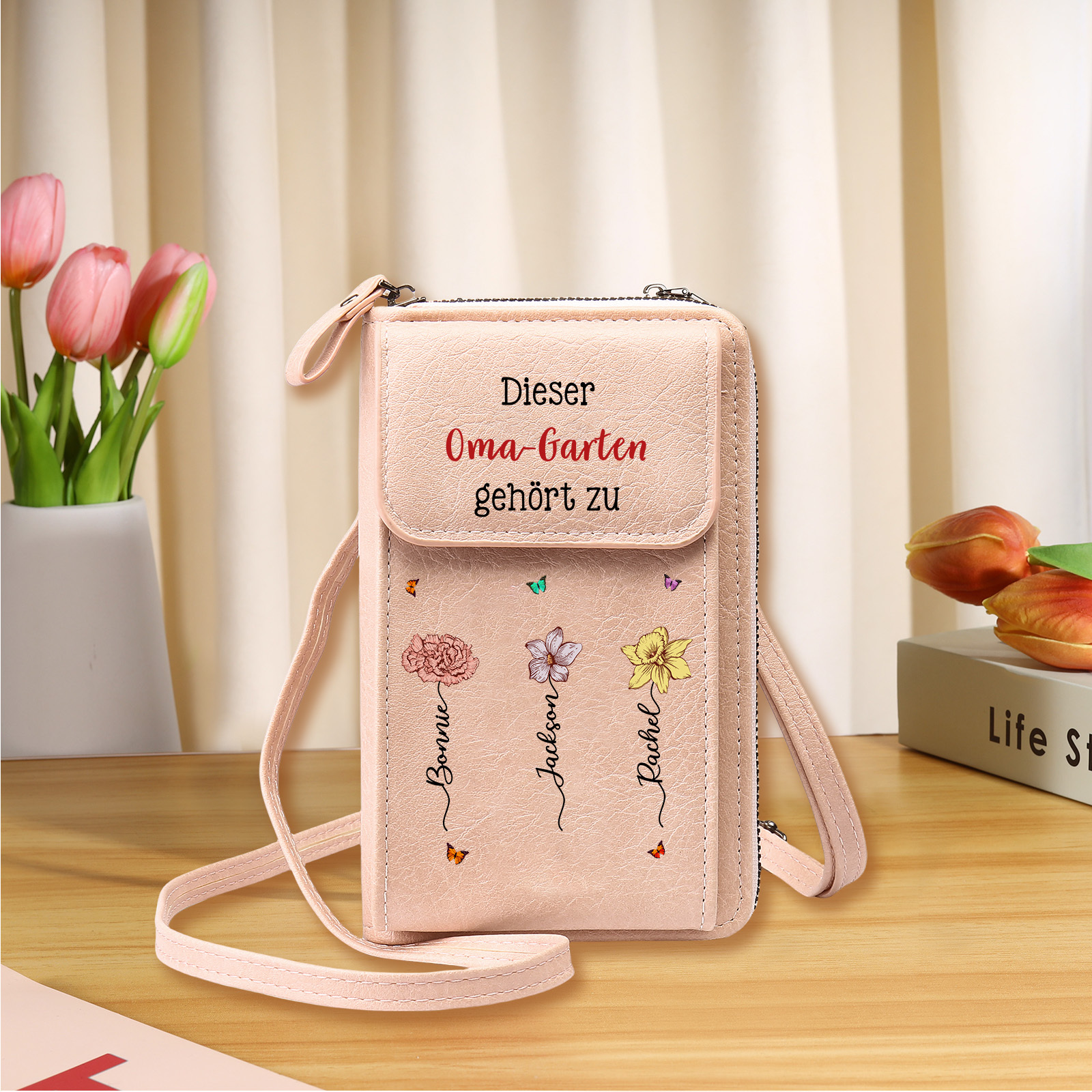 Personalisierte Umhängetasche für Handy, individuell mit 1-6 Namen & Geburtsblumen – Portemonnaie, Geburtstagsgeschenk für Oma