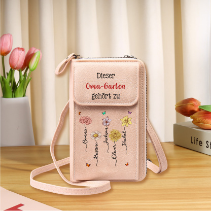 Personalisierte Umhängetasche für Handy, individuell mit 1-6 Namen & Geburtsblumen – Portemonnaie, Geburtstagsgeschenk für Oma
