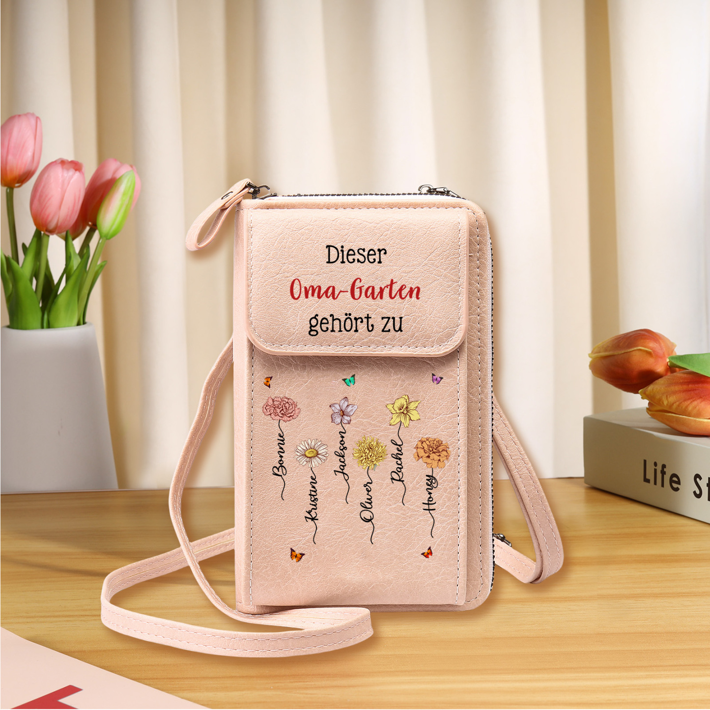 Personalisierte Umhängetasche für Handy, individuell mit 1-6 Namen & Geburtsblumen – Portemonnaie, Geburtstagsgeschenk für Oma