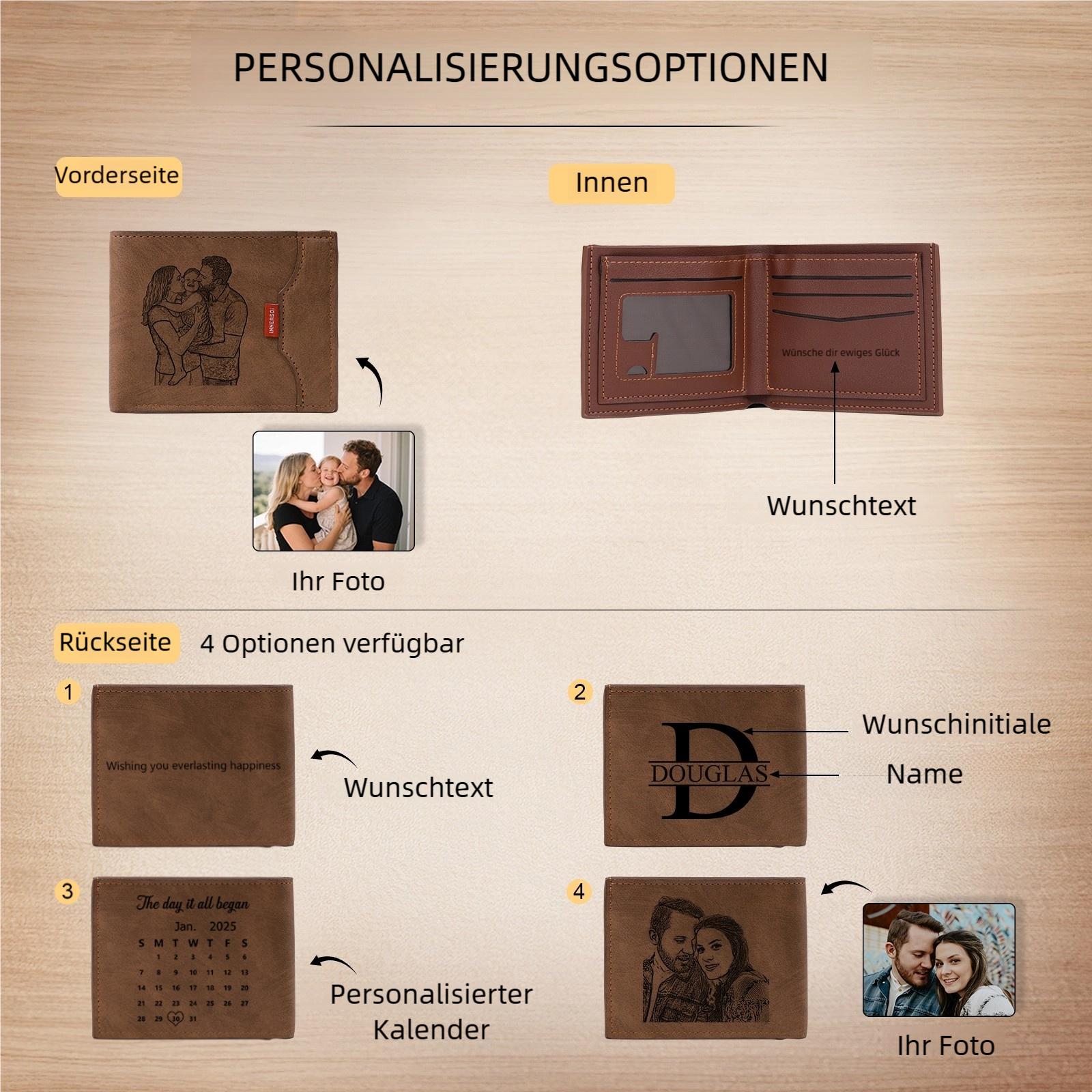 Personalisierte Herren Geldbörse aus PU‑Leder, individuell mit Foto, Kalender oder Namensgravur