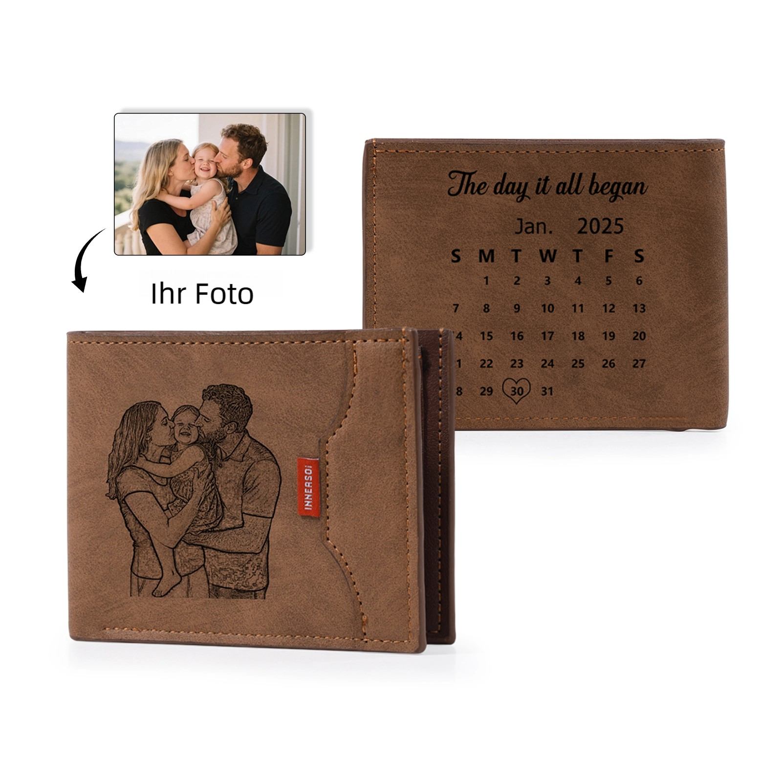 Personalisierte Herren Geldbörse aus PU‑Leder, individuell mit Foto, Kalender oder Namensgravur