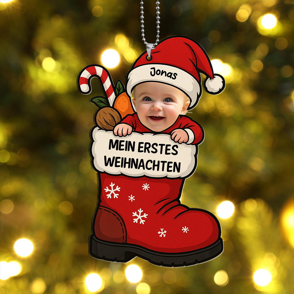 Personalisierbarer Nikolausstiefel-Weihnachtsbaumschmuck „Erstes Weihnachten“ mit Babyfoto