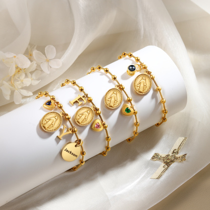 Armband in Gold mit Jungfrau Maria, Kreuz, Geburtsstein und Initiale