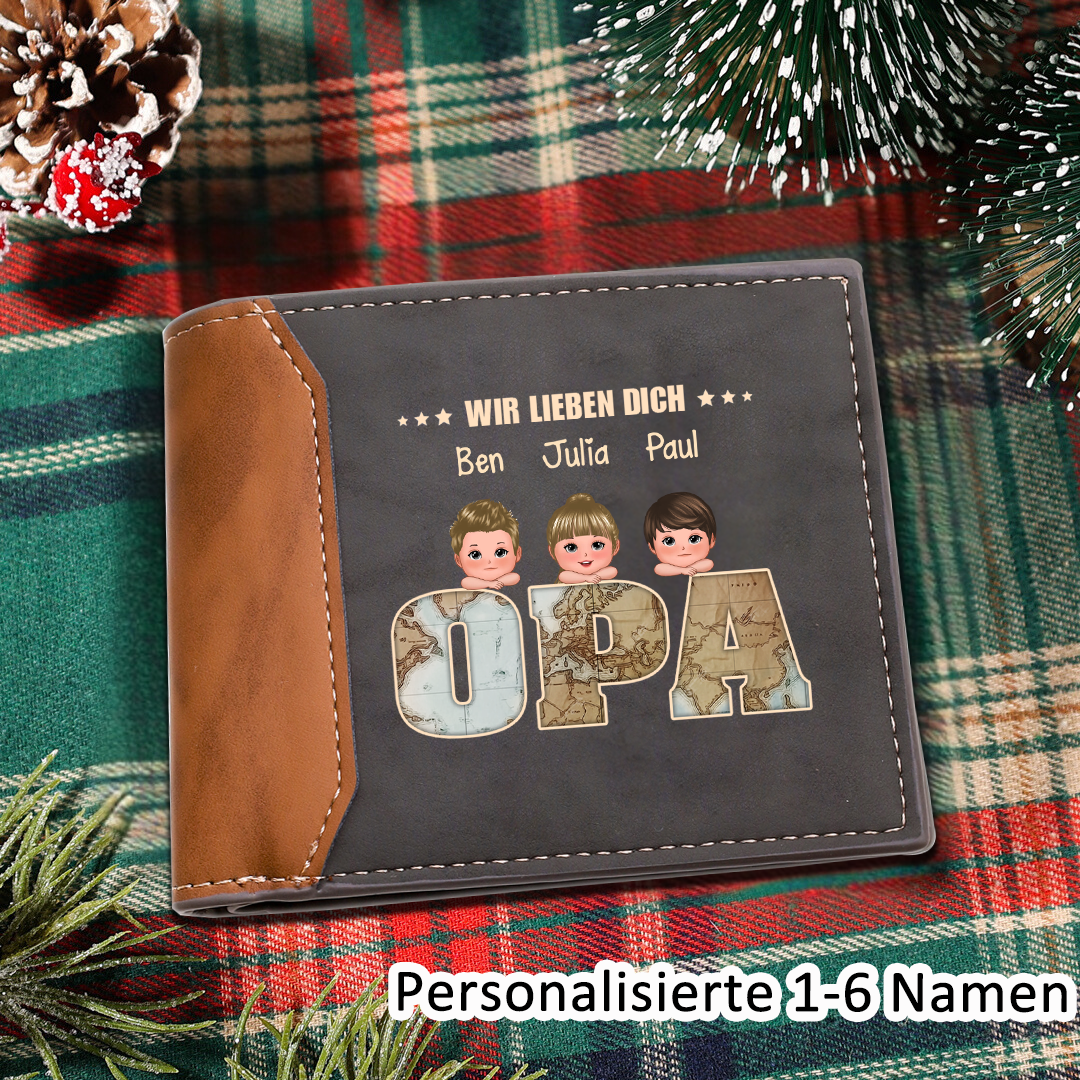 Personalisierte 1-6 Namen Geldbörse Leder Portemonnaie – Perfektes Geschenk für Opa