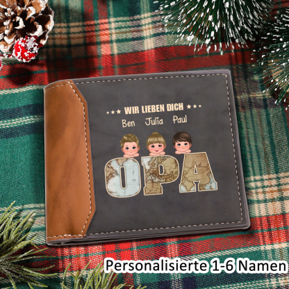 Personalisierte 1-6 Namen Geldbörse Leder Portemonnaie – Perfektes Geschenk für Opa