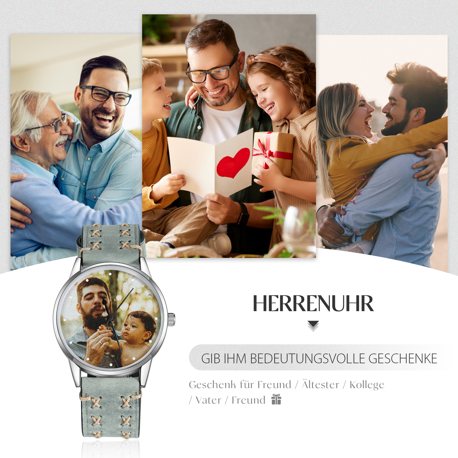 Herren Personalisierte Foto & Text Leder Armbanduhr - Vatertag Geschenk