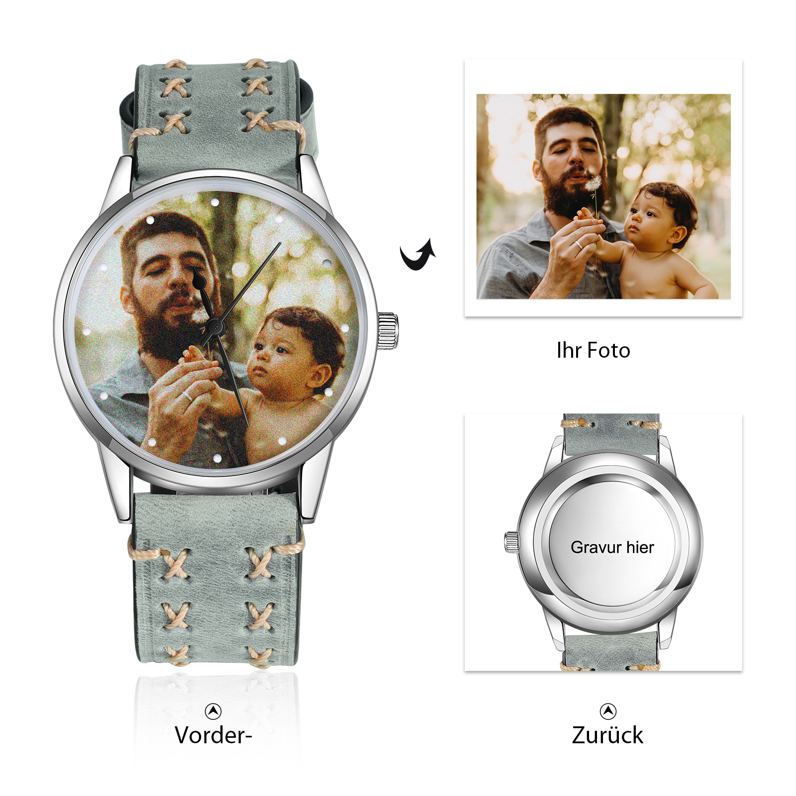 Herren Personalisierte Foto & Text Leder Armbanduhr - Vatertag Geschenk