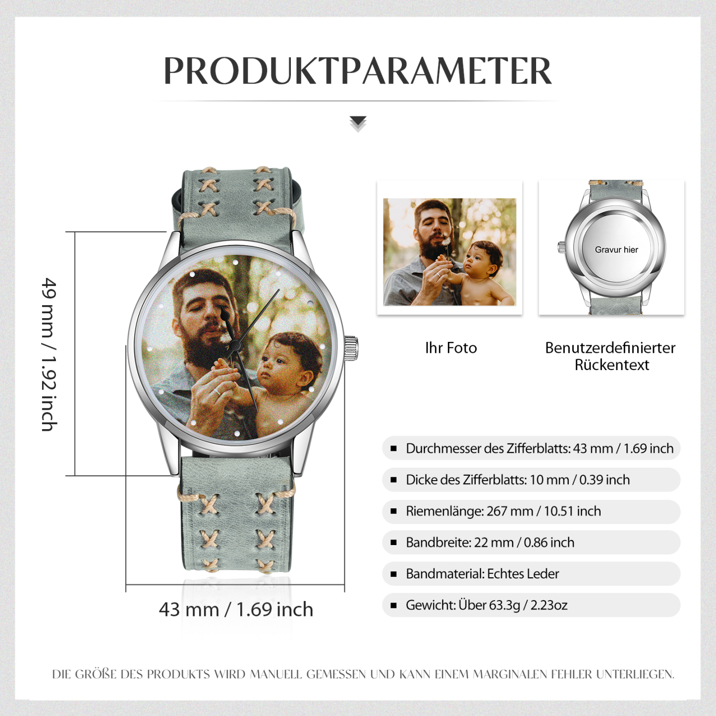 Herren Personalisierte Foto & Text Leder Armbanduhr - Vatertag Geschenk