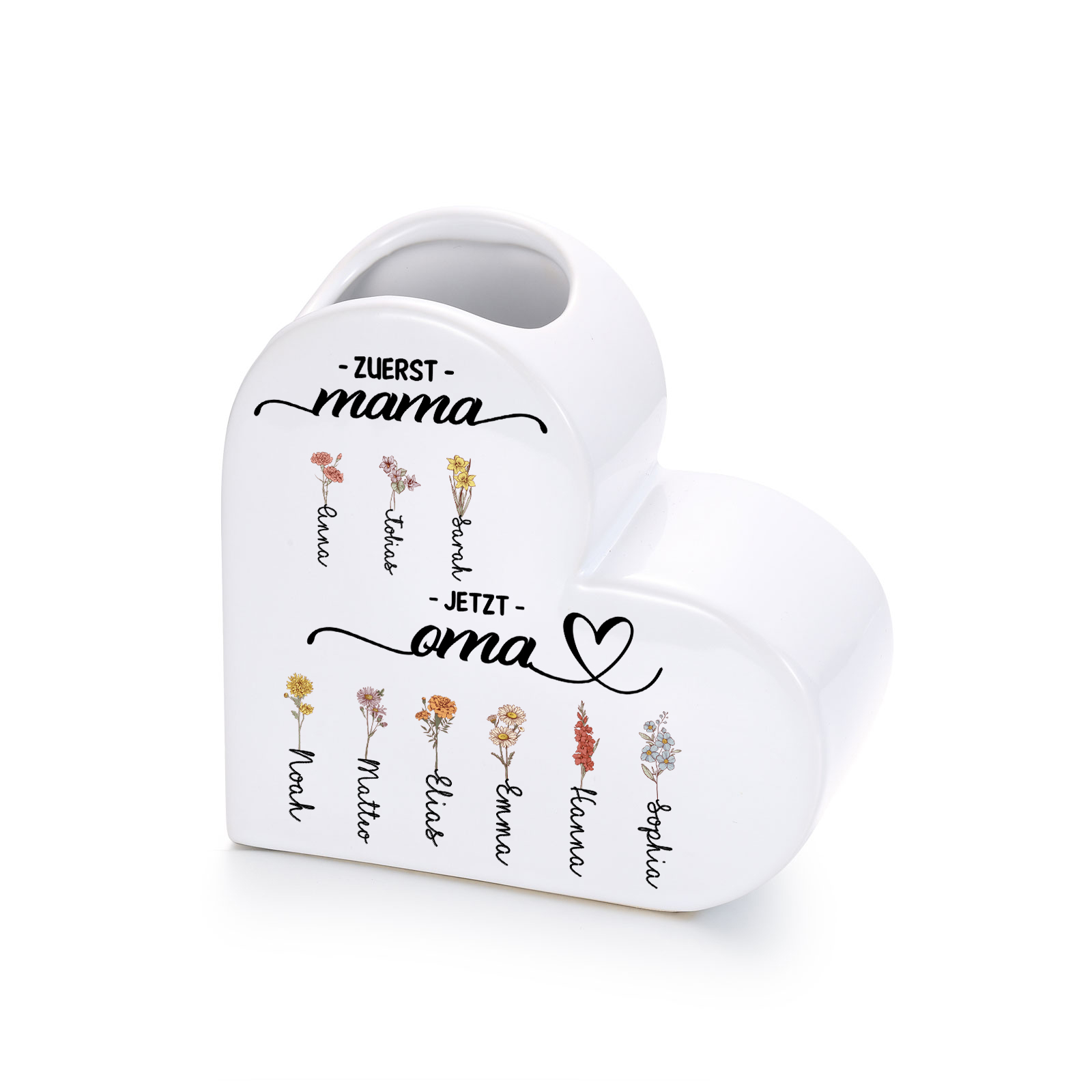 Personalisierte Keramik Herzvase mit 2–12 Geburtsmonat Blumen und Wunschname