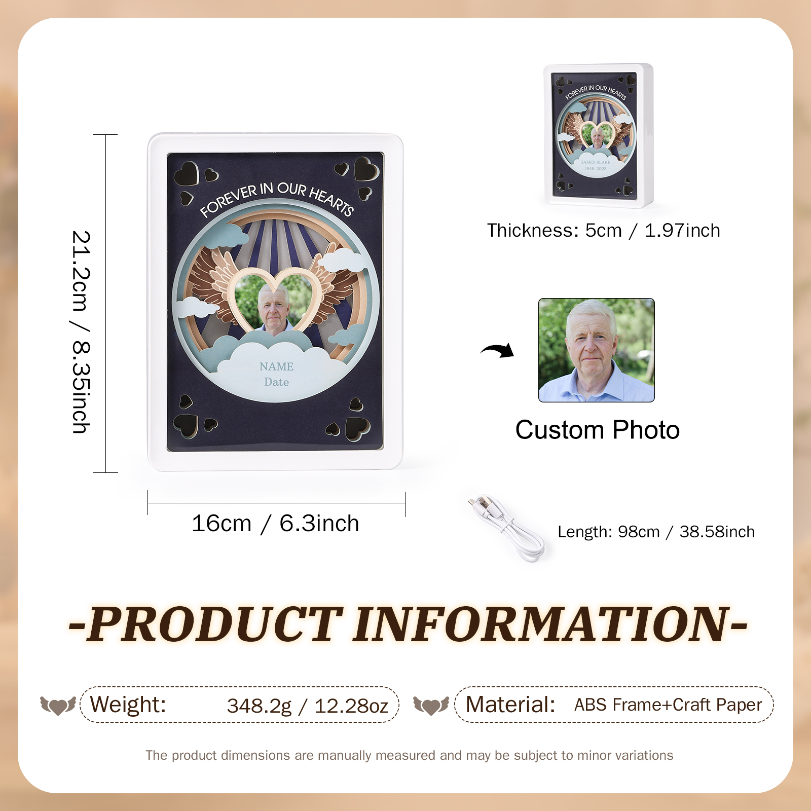 3D LED Gedenk‑Bilderrahmen Licht – Engelsflügel, Personalisierbar,Gedenkgeschenk,Nachtlicht mit Bilderrahmen