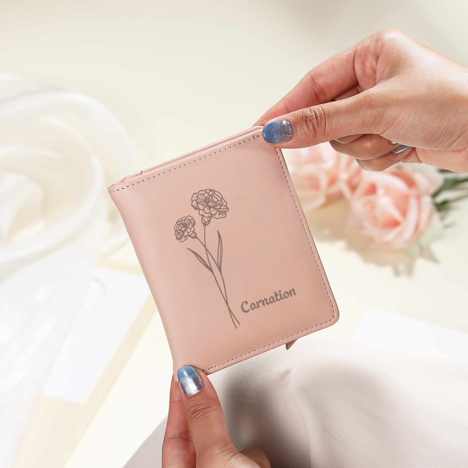 RFID Rosa PU-Leder Blumen-name Damenbörse: Geburtsblumen-Gravurt