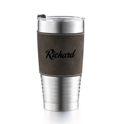 Edelstahlbecher mit individuell monogrammierter Lederhülle