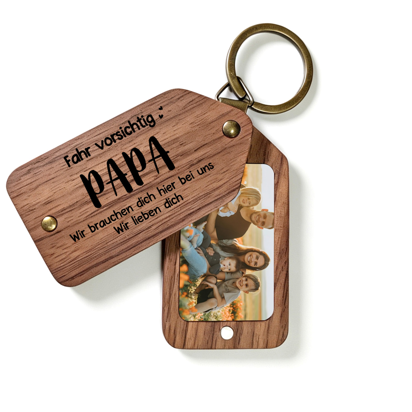 Personalisierter Foto-Schlüsselanhänger aus Holz mit dem Spruch Fahr vorsichtig Papa Geschenk zum Vatertag