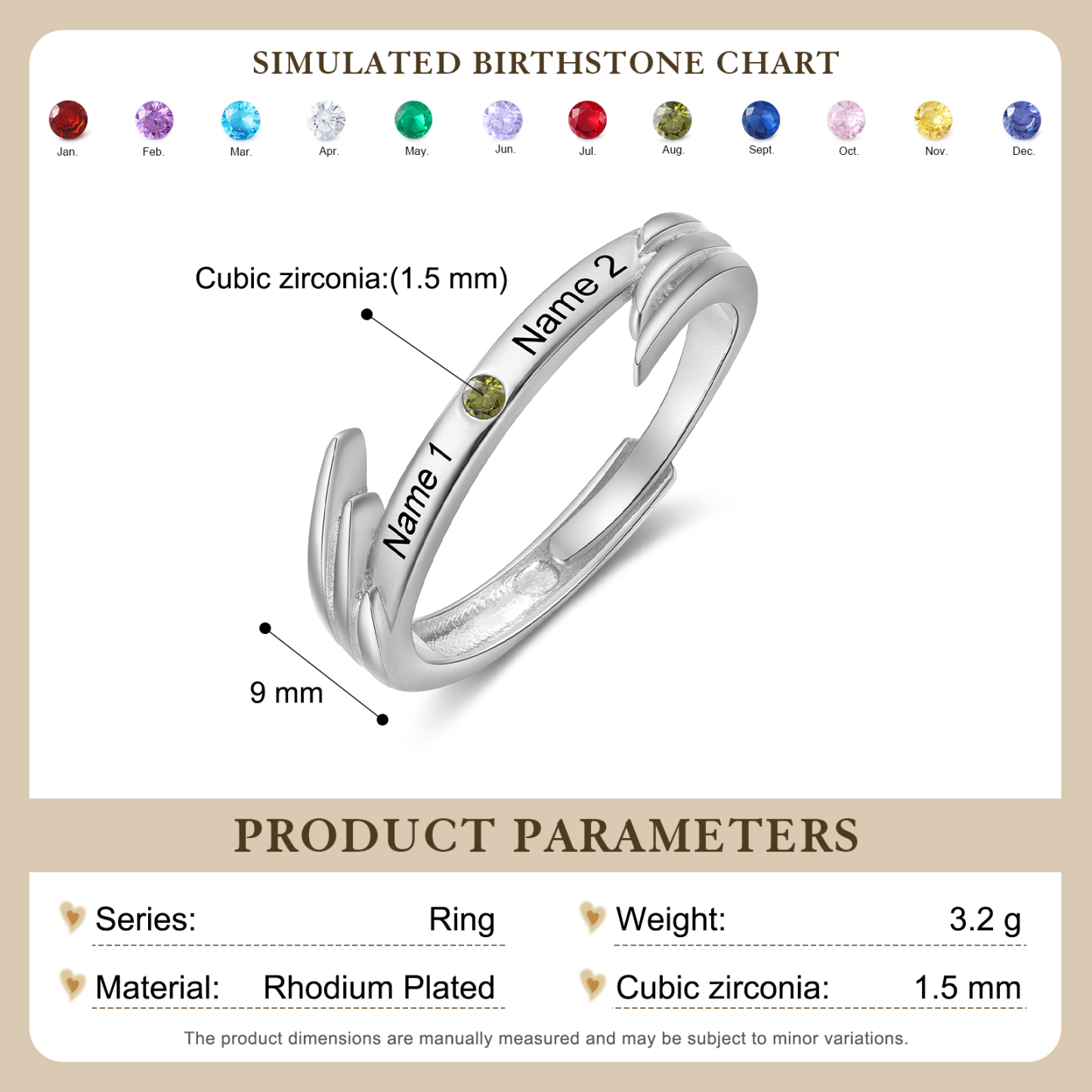 Personalisierte Paarring mit Engelsflügeln, Geburtssteinen und Gravur von 2 Namen