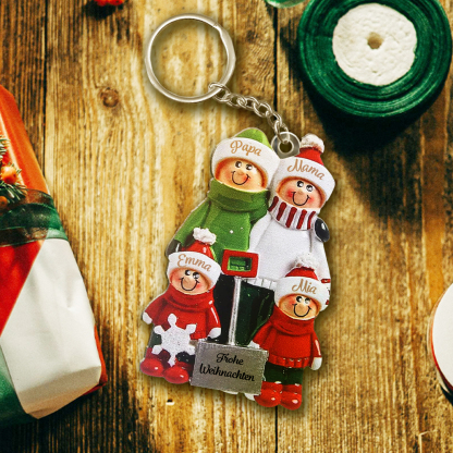 Personalisierter Weihnachts-Schlüsselanhänger mit Namen – Familie beim Schneeschaufeln