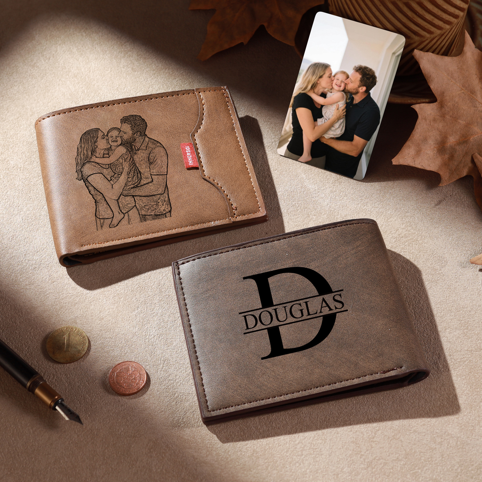 Personalisierte Herren Geldbörse aus PU‑Leder, individuell mit Foto, Kalender oder Namensgravur