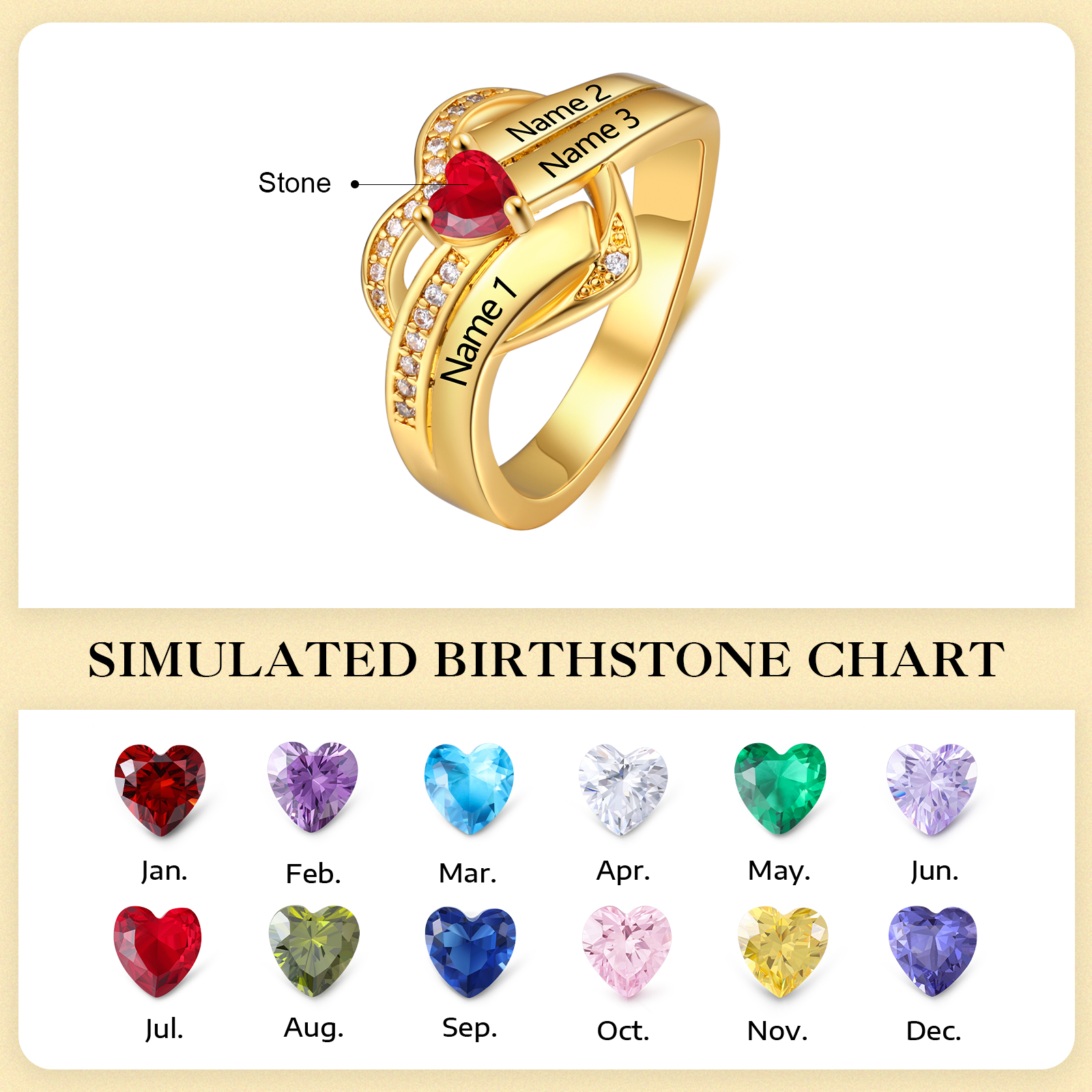 Personalisierter Herzring mit Herz-Geburtsstein – bis zu 4 Namen gravierbar, Geschenk für Frauen