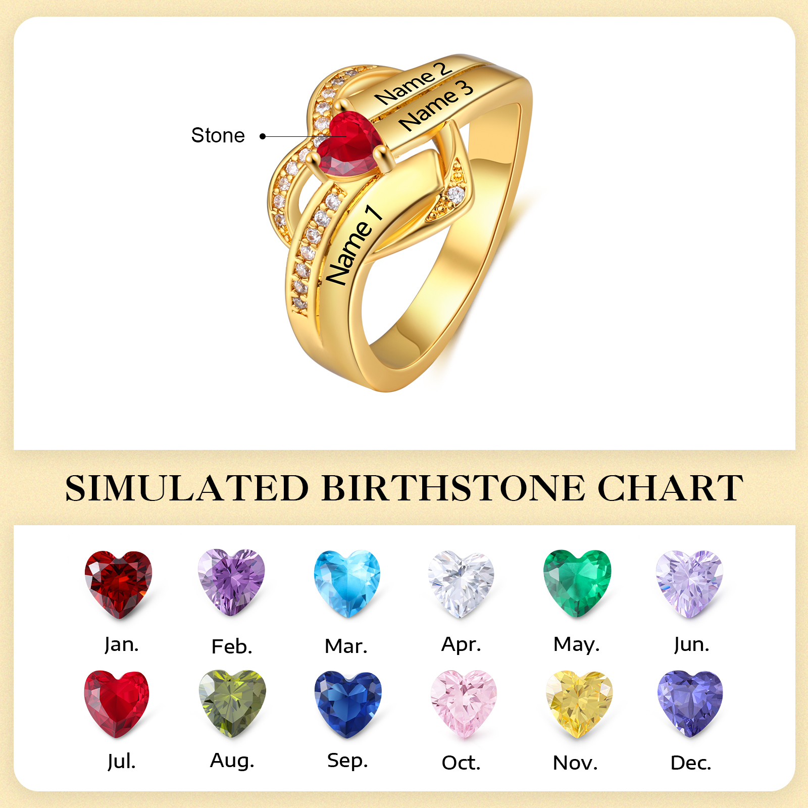Personalisierter Herzring mit Herz-Geburtsstein – bis zu 4 Namen gravierbar, Geschenk für Frauen