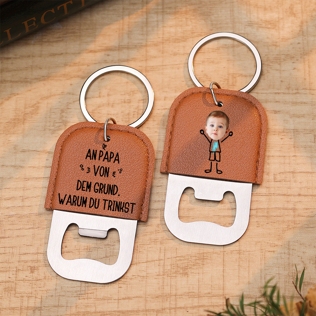 Personalisierter Schlüsselanhänger aus Leder mit Flaschenöffner für Papa individuell mit 1–6 Kindernamen und Foto