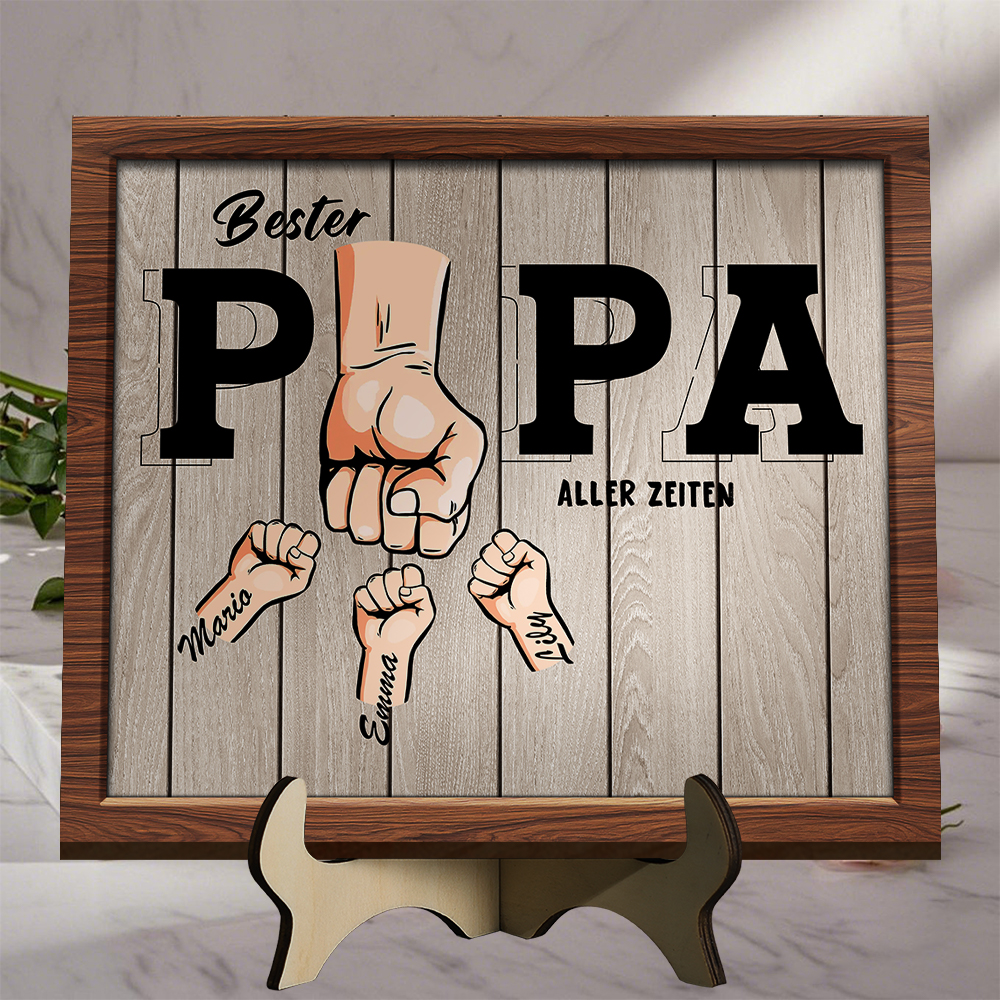 Bester Papa aller Zeiten personalisiertes Holzschild mit Faustgruß & Kindernamen