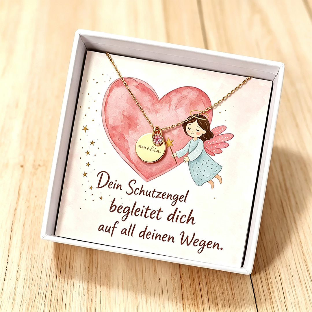 Personalisierte Namenskette mit Geburtsstein und Namensgravur inklusive Schutzengel-Geschenkkarte