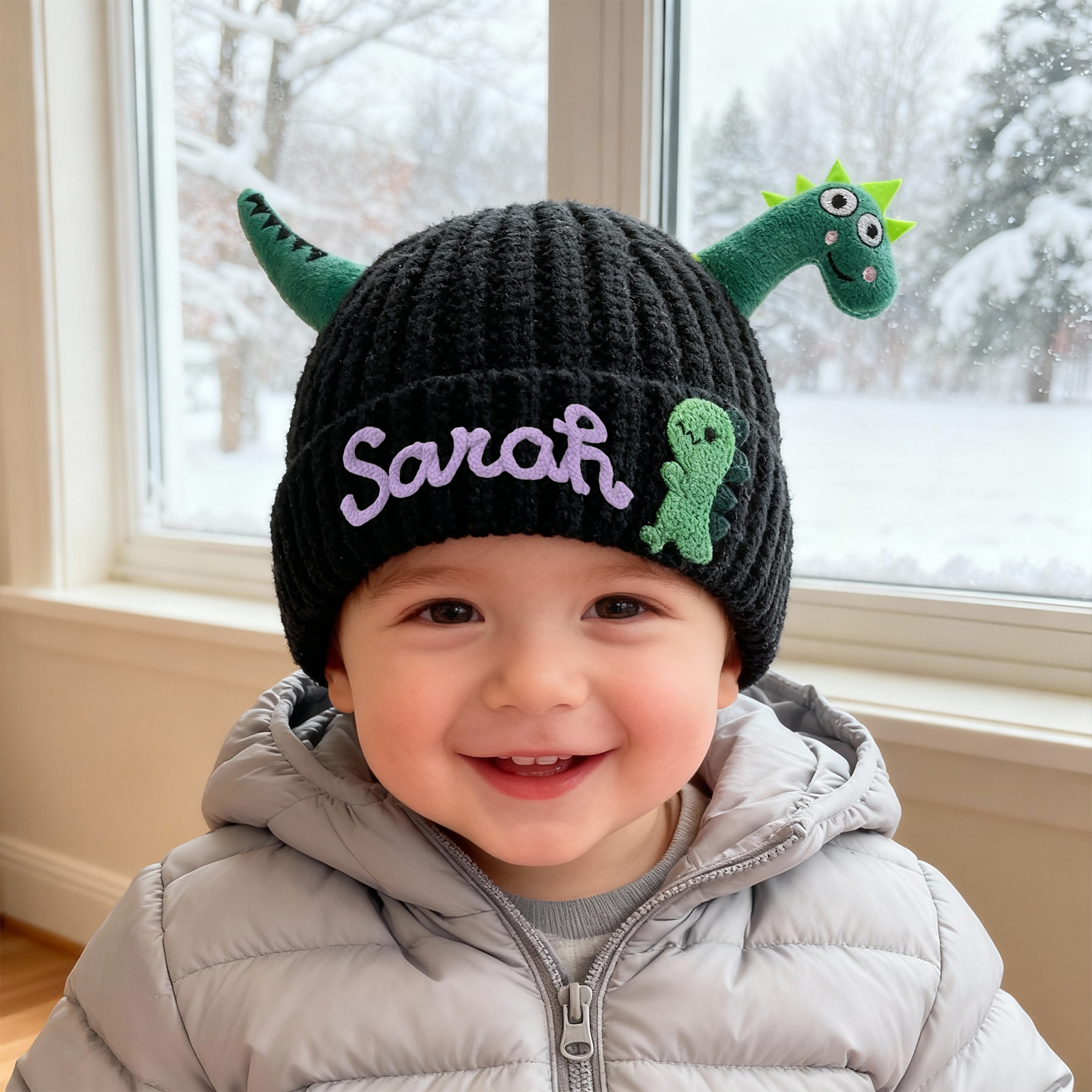 Personalisierte Dinosaurier-Mützen mit Namen für Kleinkinder – handbestickte Kindermütze