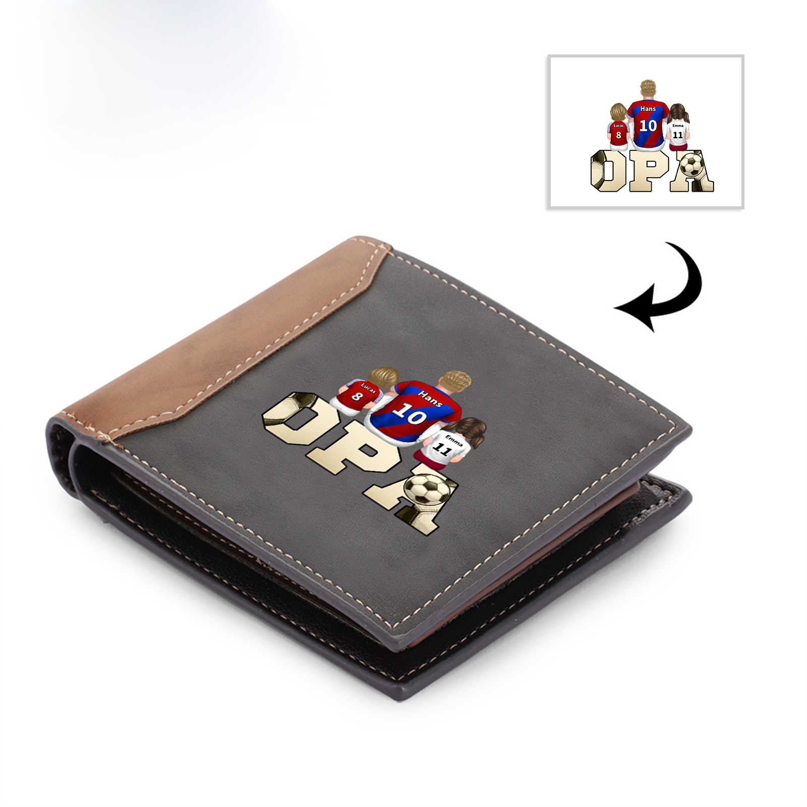 Personalisierte Leder Fußball Geldbörse mit 1-6 Namen – Geschenk zum Großelterntag für Opa