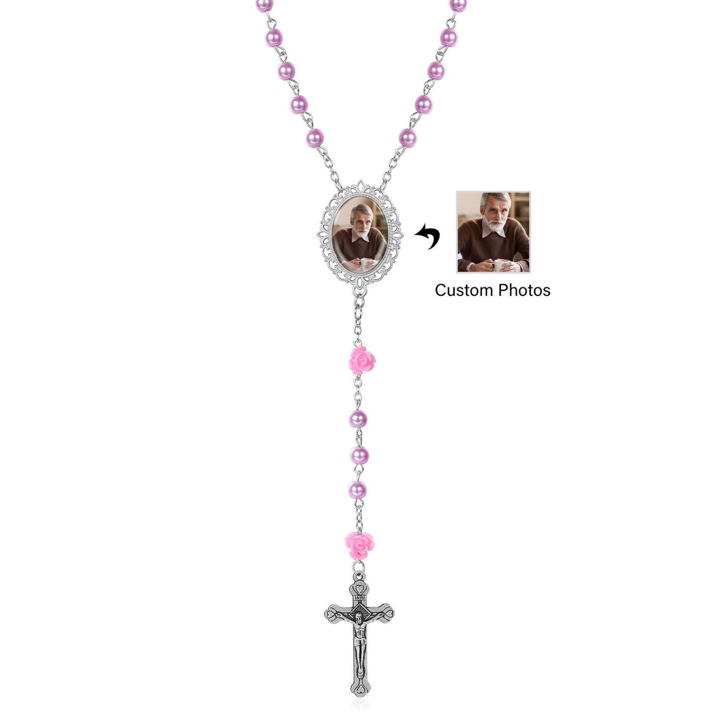 Personalisierter Rosenkranz mit Foto, Kreuz und Perlen religiöses Andenken