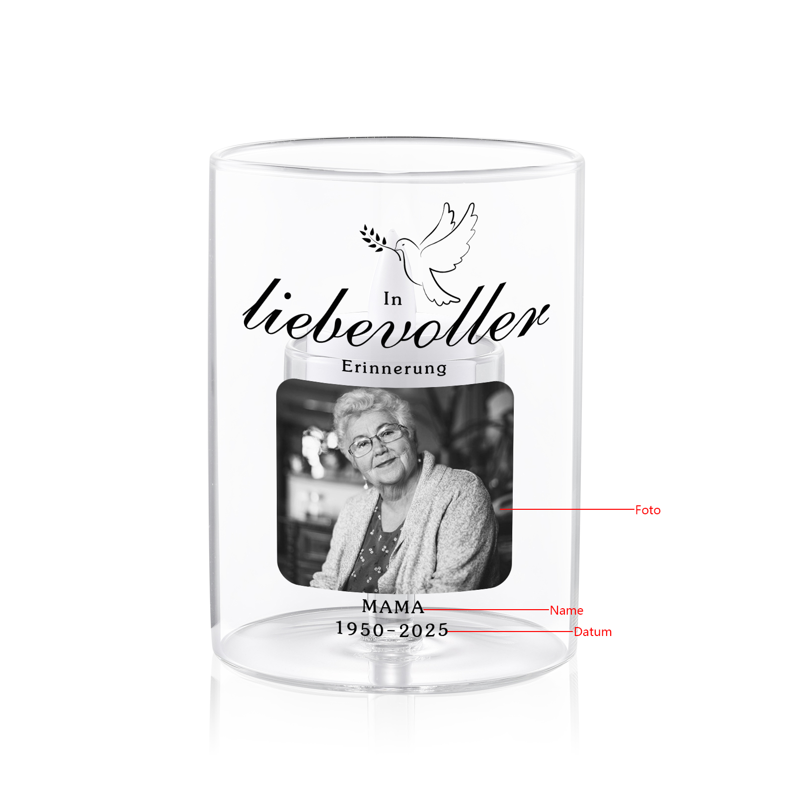 Personalisierter Gedenk-Kerzenhalter aus Glas mit Foto