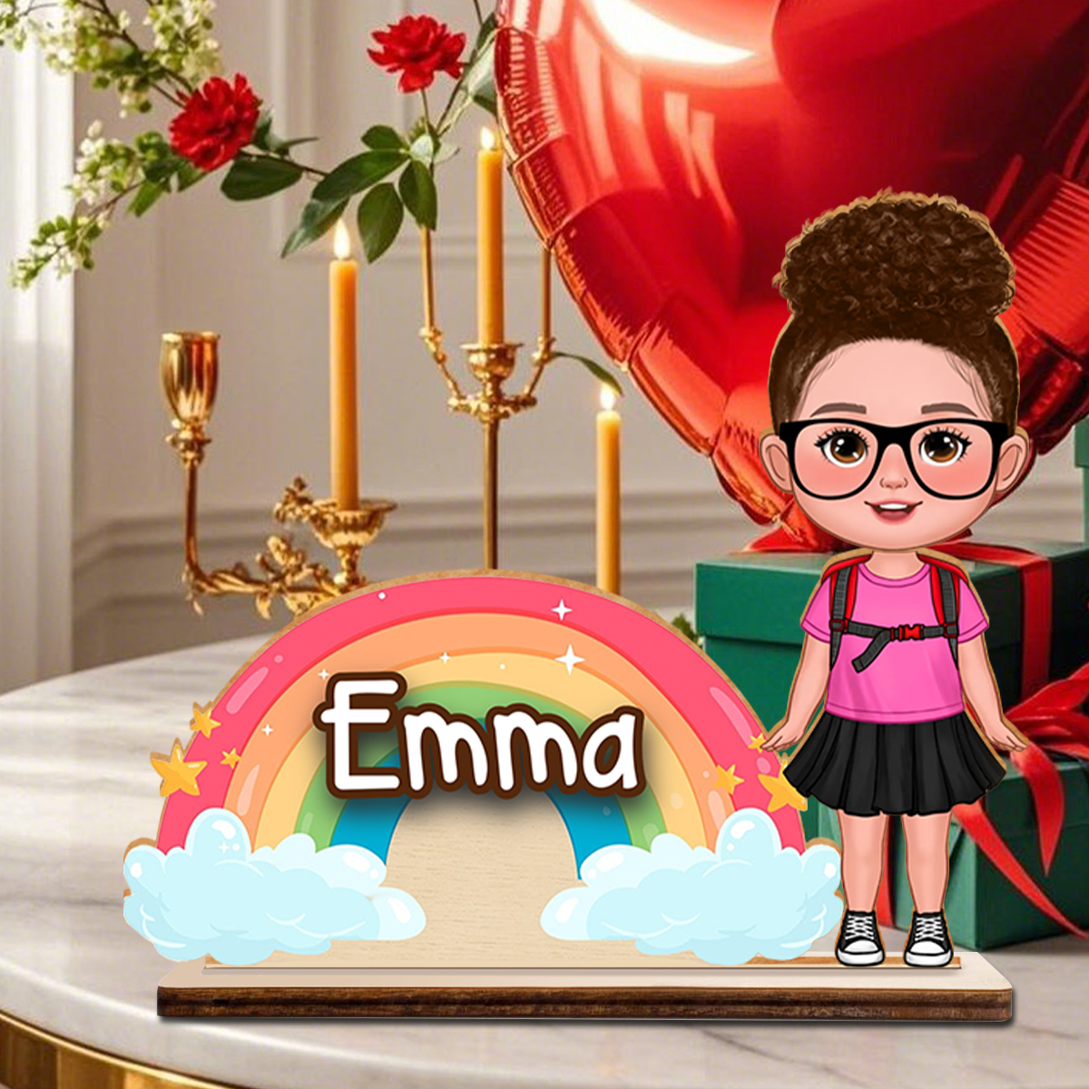 Personalisierte Kinderfigur mit Namensschild Regenbogen Design Einschulung Geschenk für Mädchen