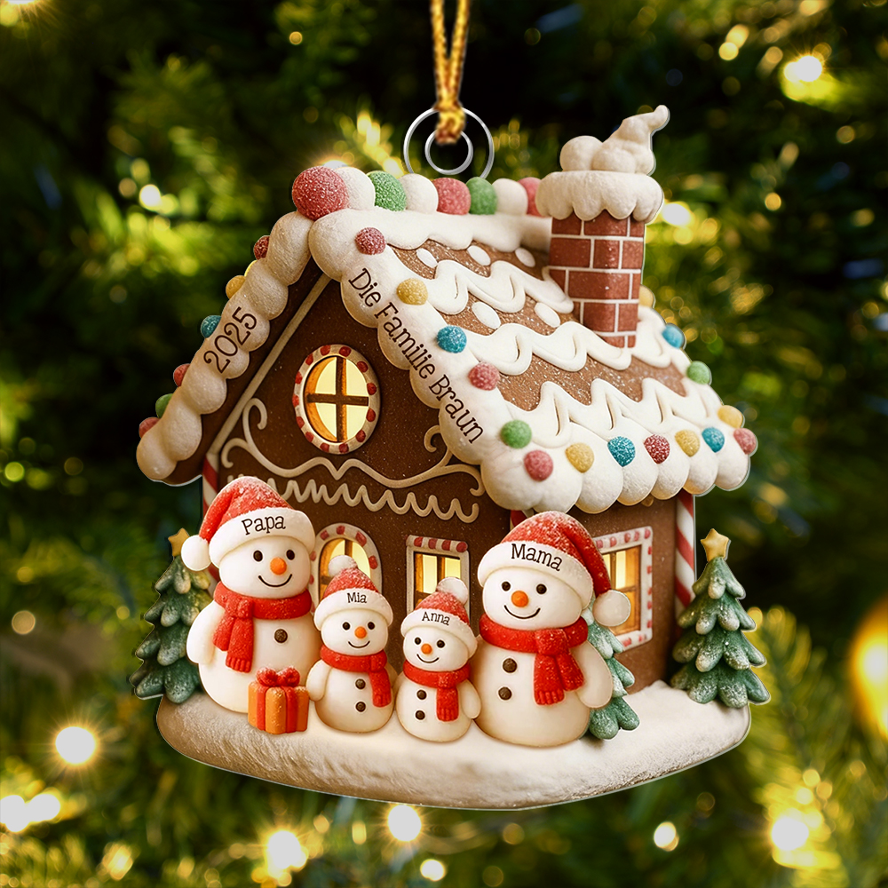 Personalisierter Lebkuchenhaus-Schneemann-Familien-Baumschmuck mit 1–6 Namen
