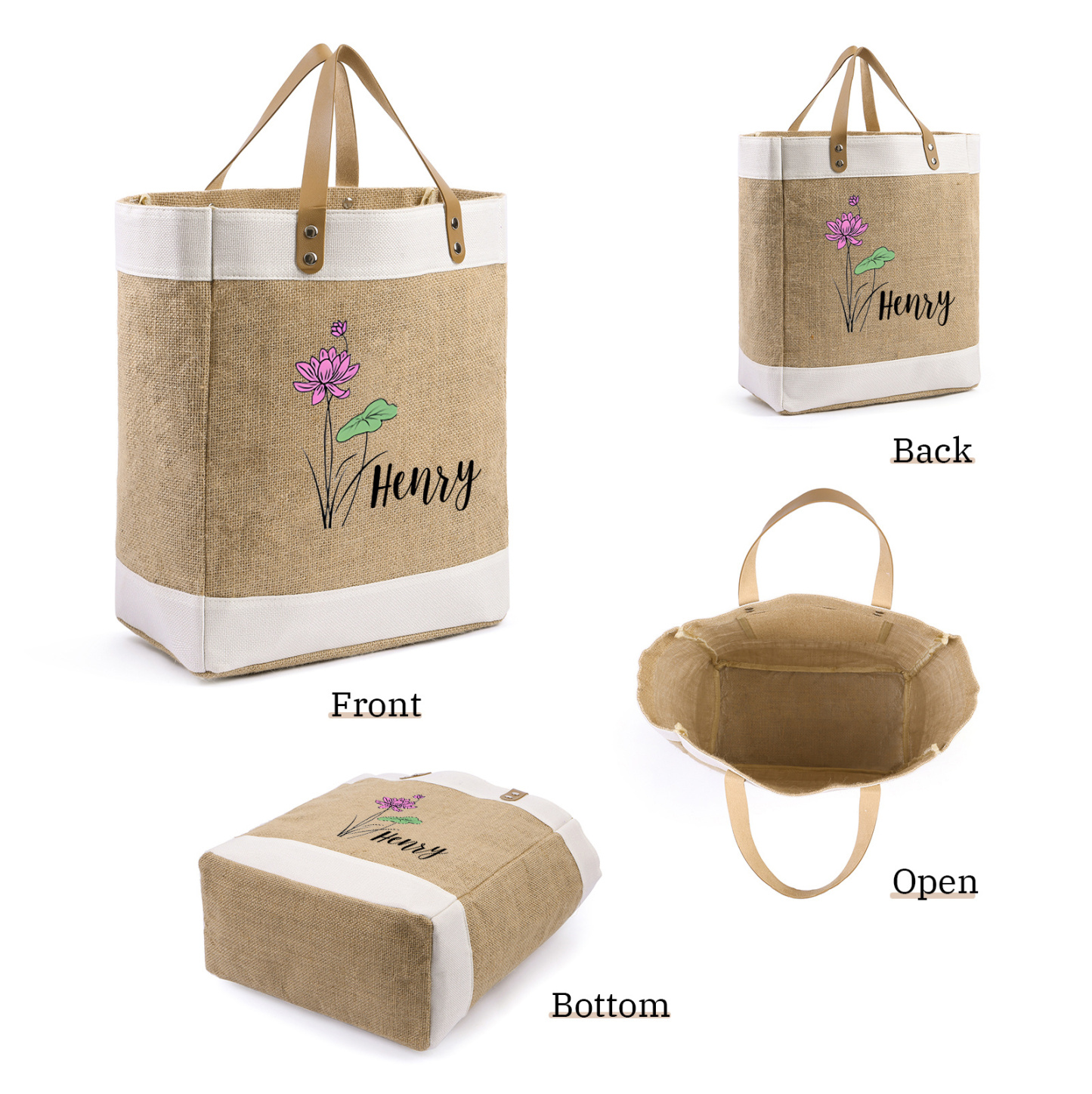Personalisierter 1 Name & Geburtsblume & Buchstabe Handtasche aus Baumwolle und Leinen