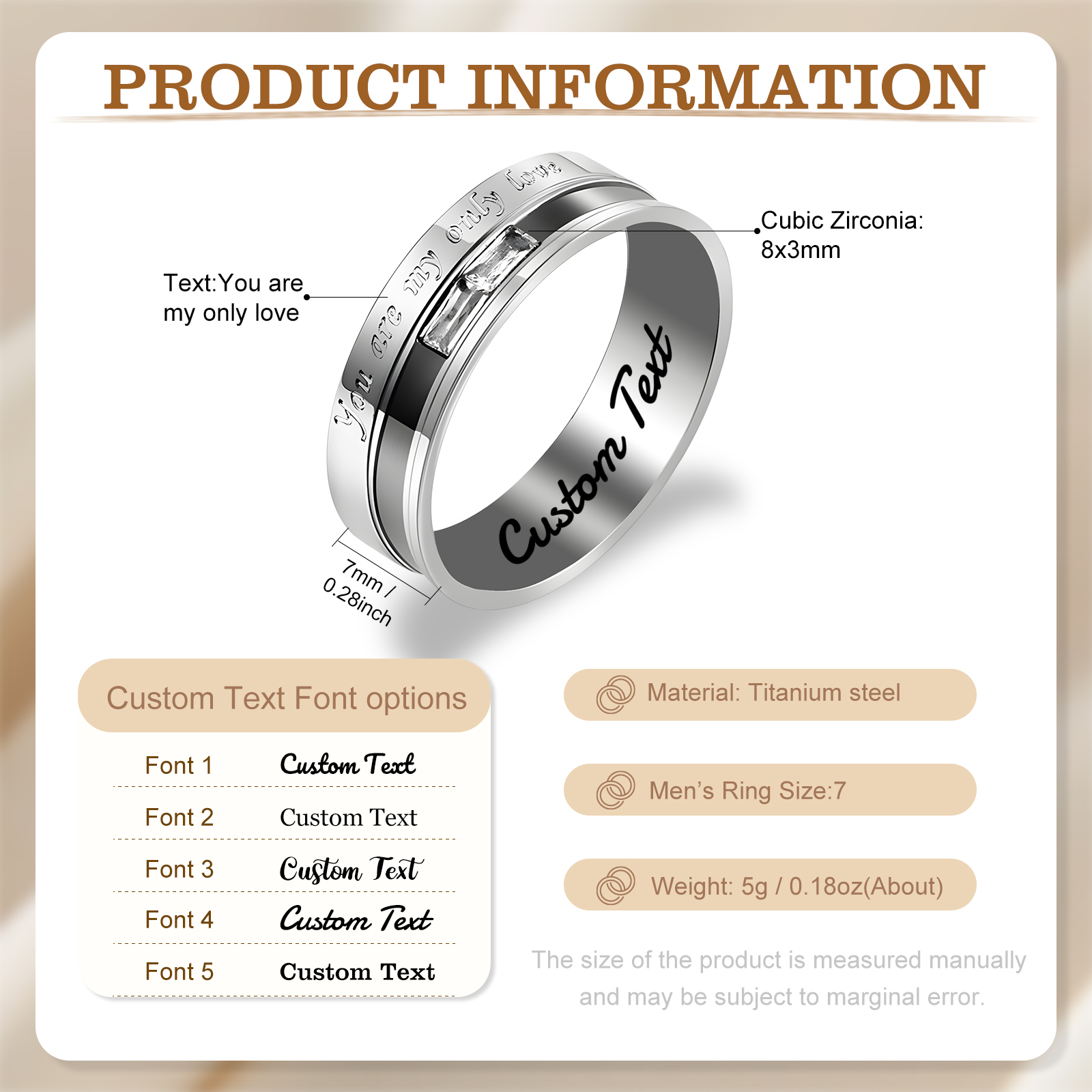 Personalisierte Partner-Ringe – Ringe aus Titanstahl mit Gravur und rechteckigem Stein