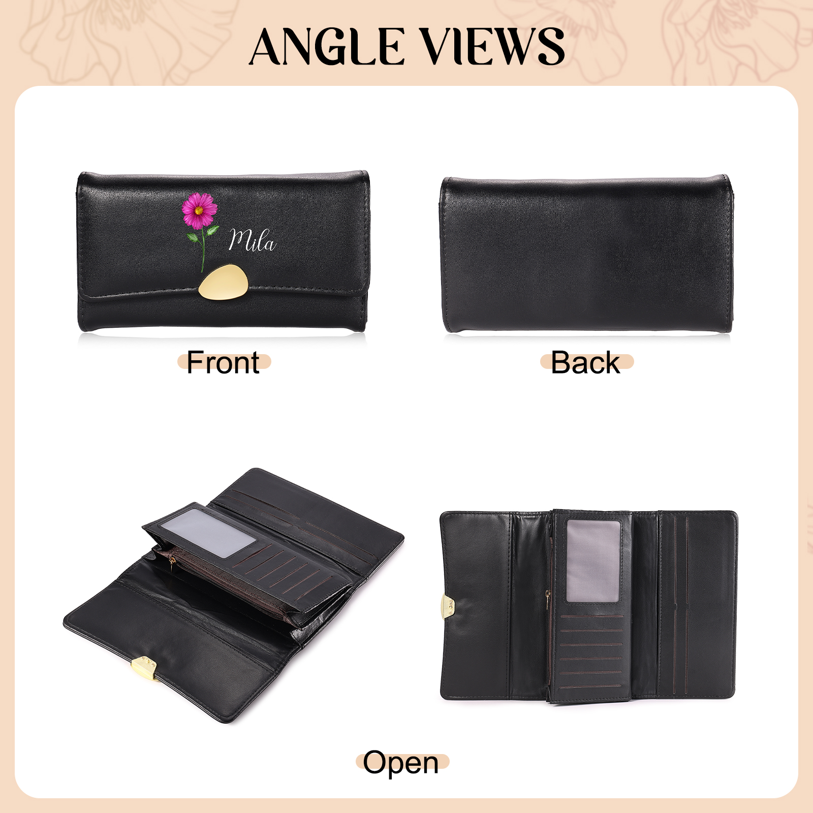 Personalisiertes langes Damen Leder Geldbörse mit Geburtsblume und Name