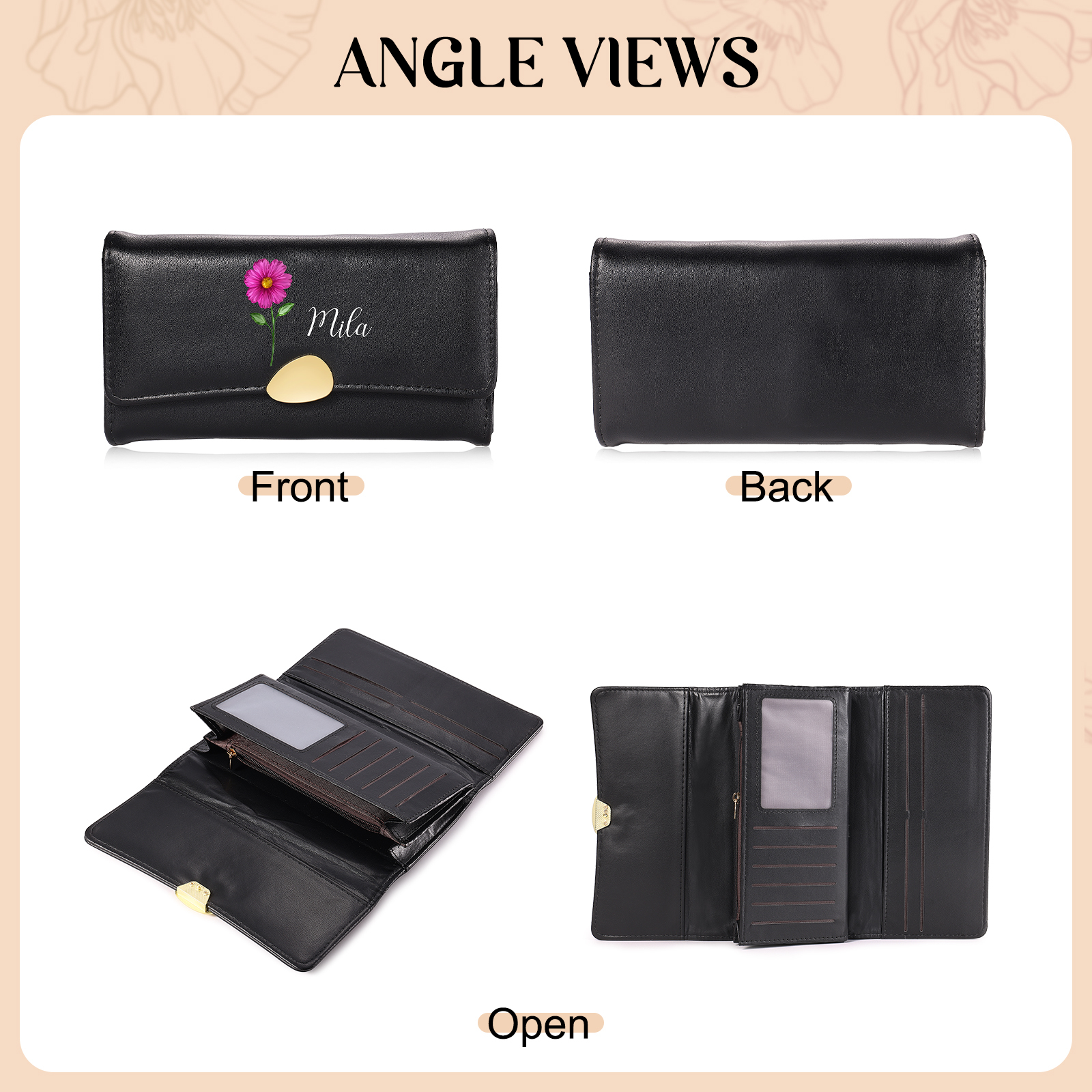 Personalisiertes langes Damen Leder Geldbörse mit Geburtsblume und Name