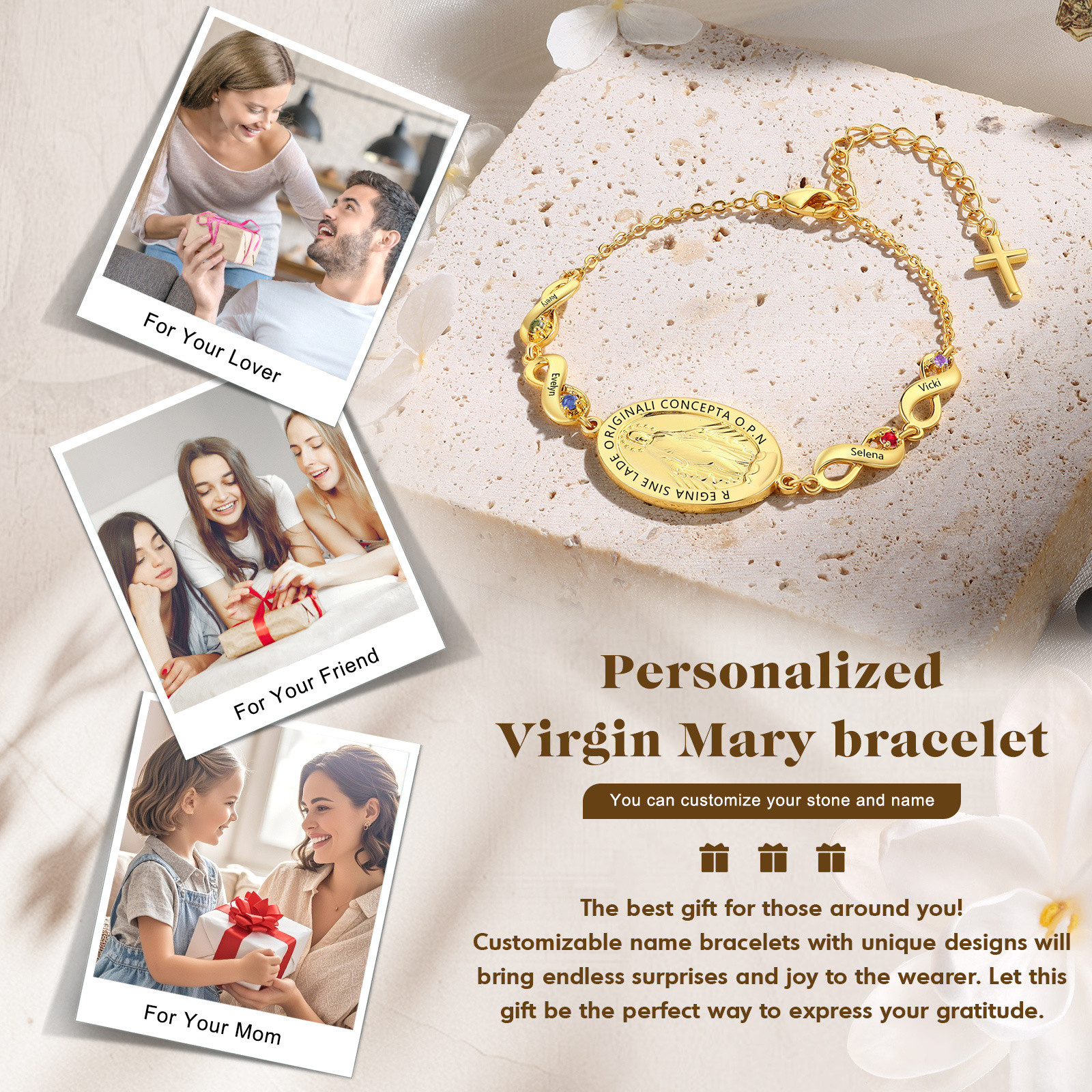 Personalisierbares Infinity-Armband aus Gold mit Marienmedaille & Geburtsstein