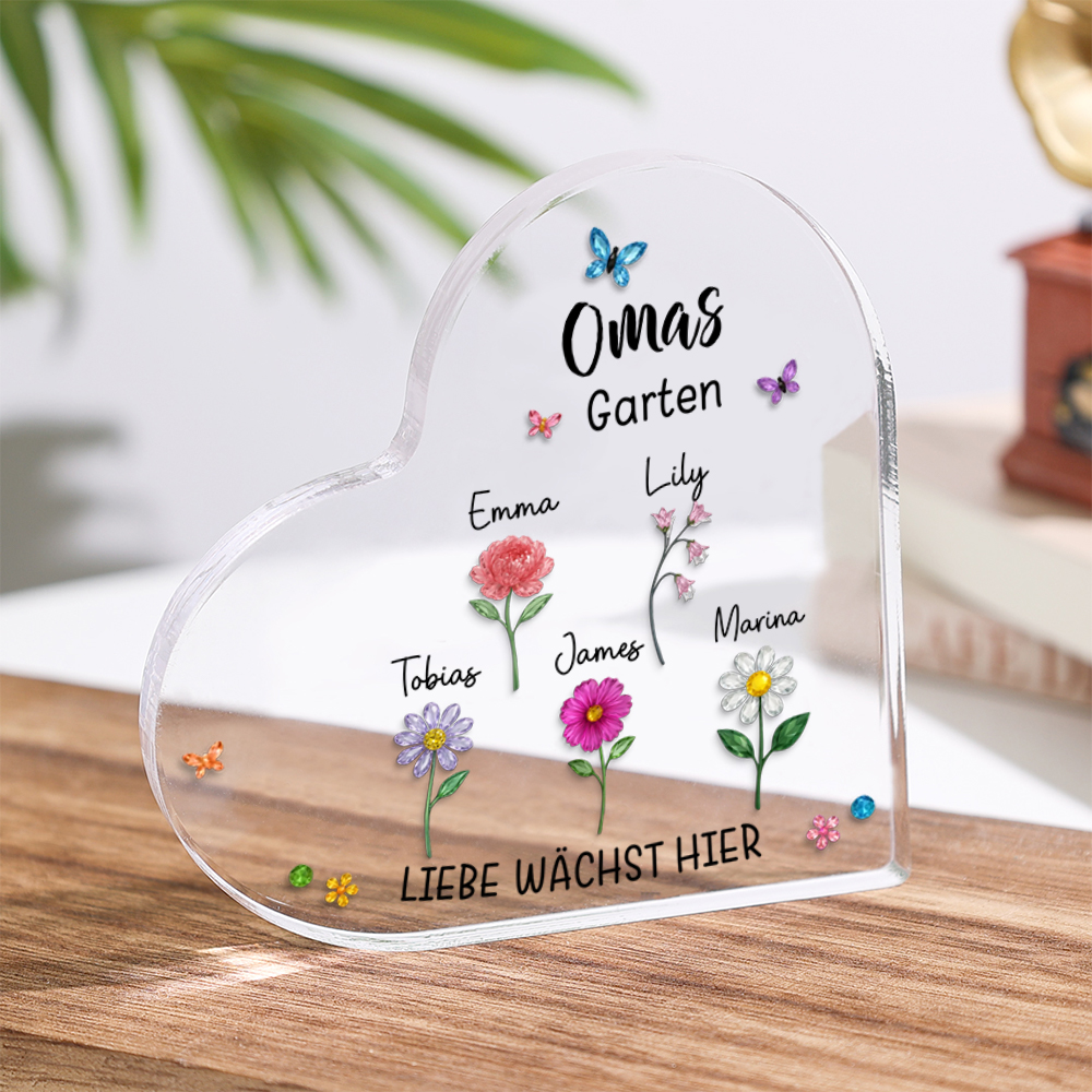 Personalisiertes Acrylherz „Mamas oder Omas Garten“ mit Geburtsblumen und Namen der Kinder
