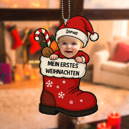Personalisierbarer Nikolausstiefel-Weihnachtsbaumschmuck „Erstes Weihnachten“ mit Babyfoto