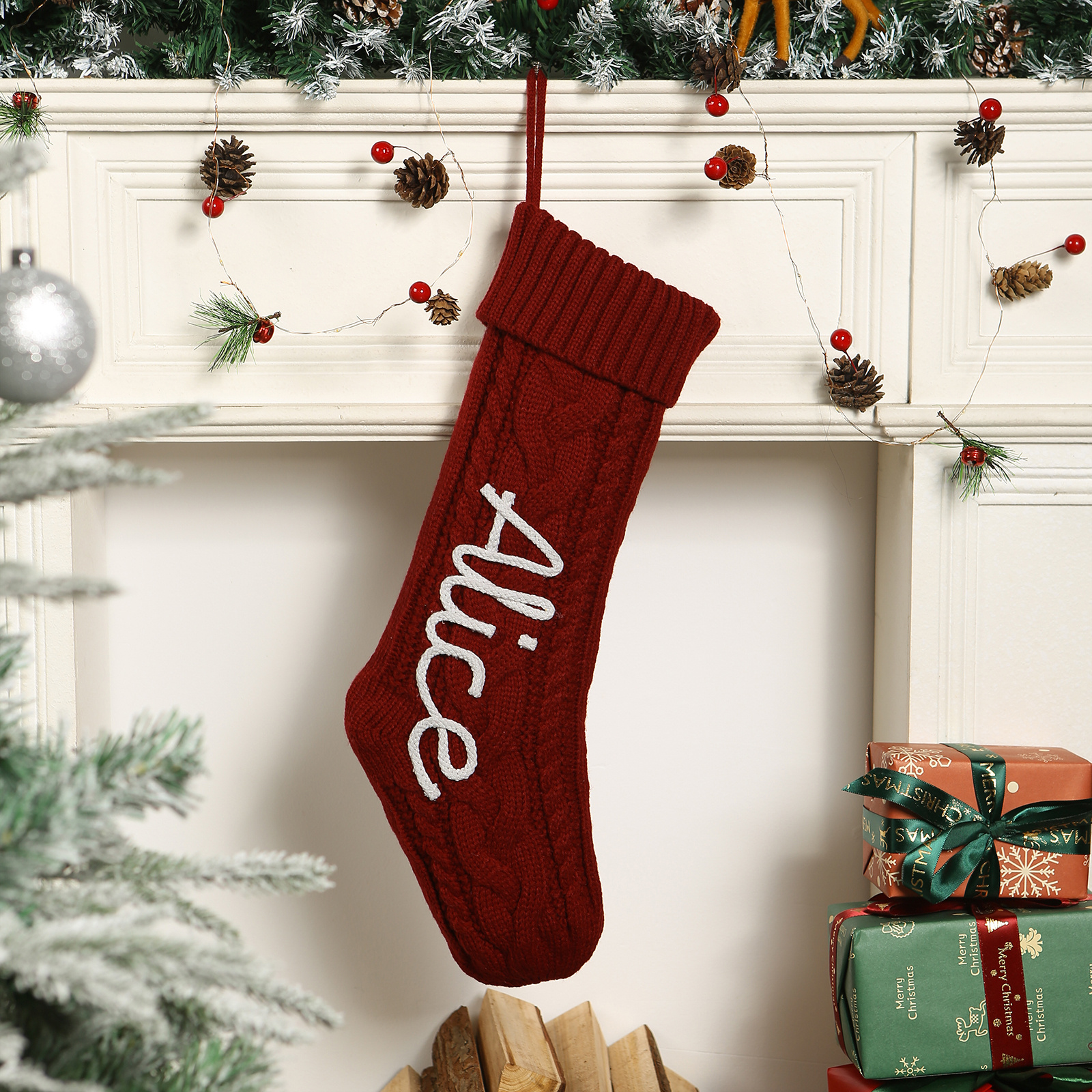 Personalisierter gestrickter Weihnachtsstrumpf mit Namen – Nikolausstiefel für Kinder & Familie