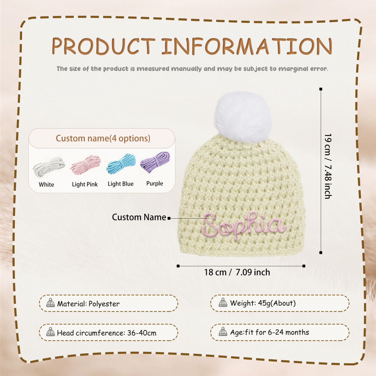 Personalisierte Baby-Strickmütze mit Pompon – handbestickte Wintermütze für Kinder