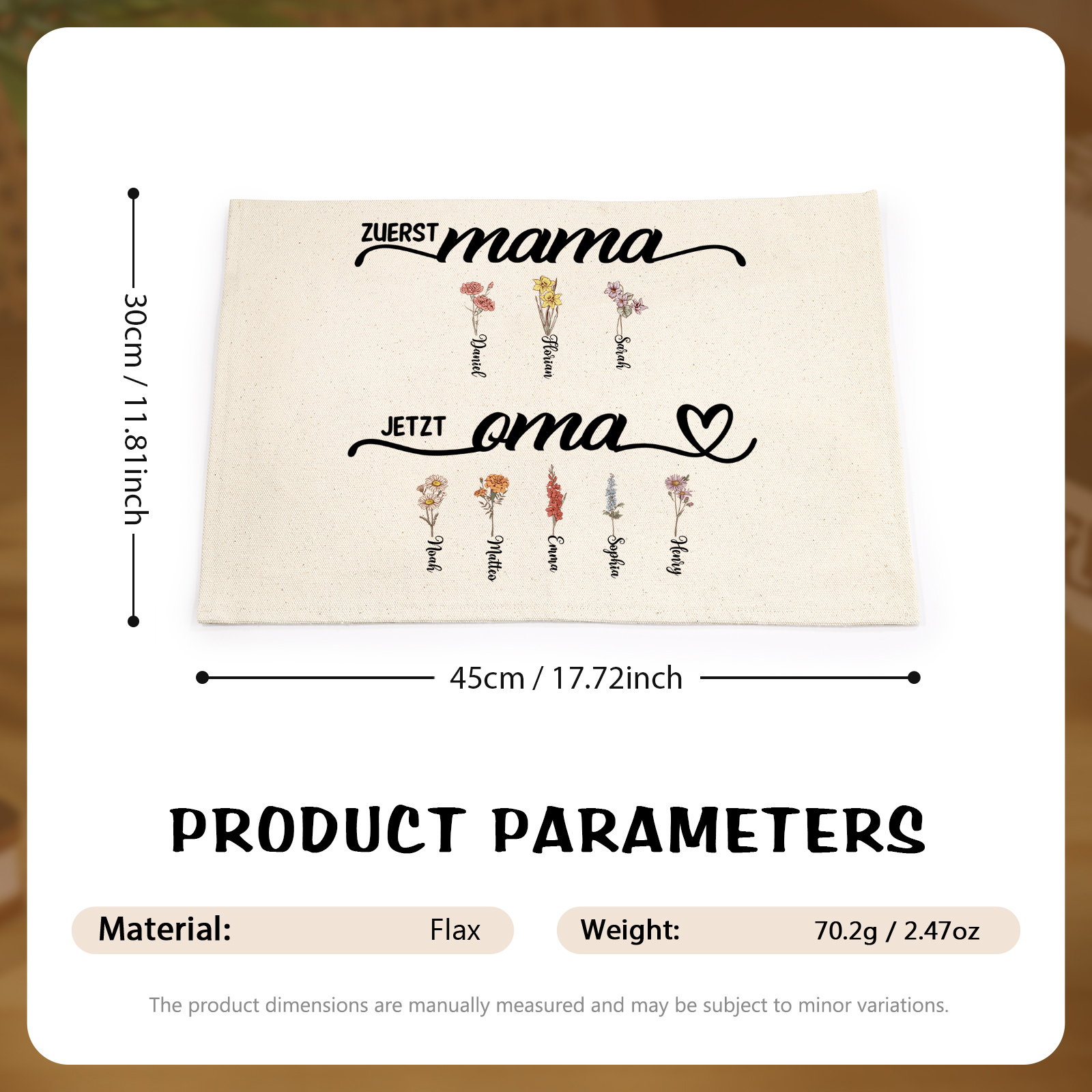 Personalisiertes Weiß Leinen-Tischset Untersetzer Geburtsblumen für Mama Oma