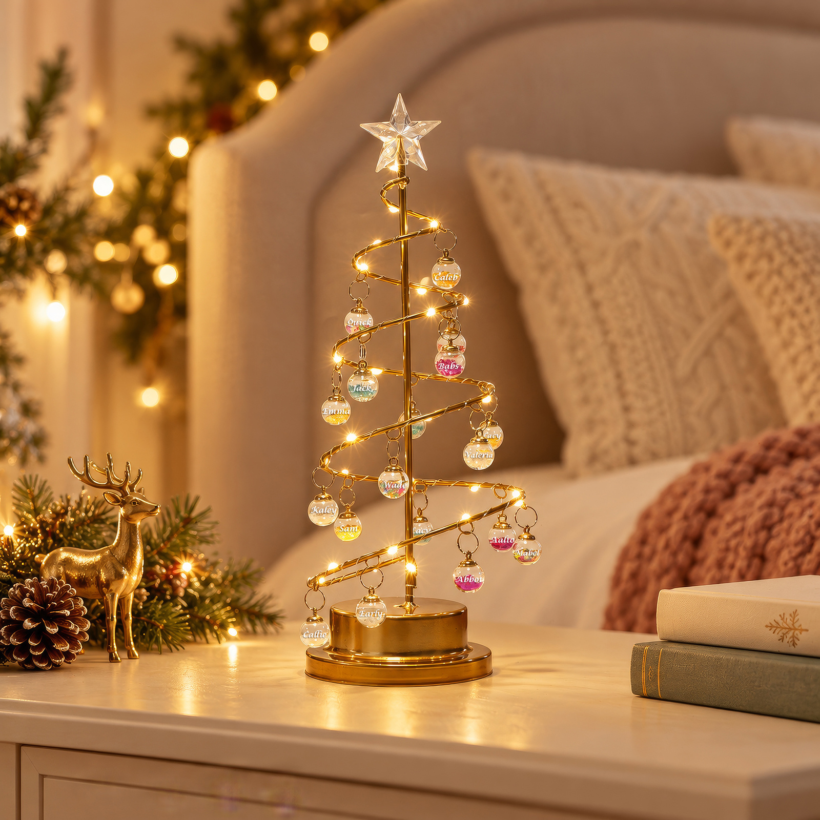 Personalisierter beleuchteter Weihnachtsbaum in Goldoptik mit 1–18 Namen Weihnachtsgeschenk für Mama oder die Großeltern