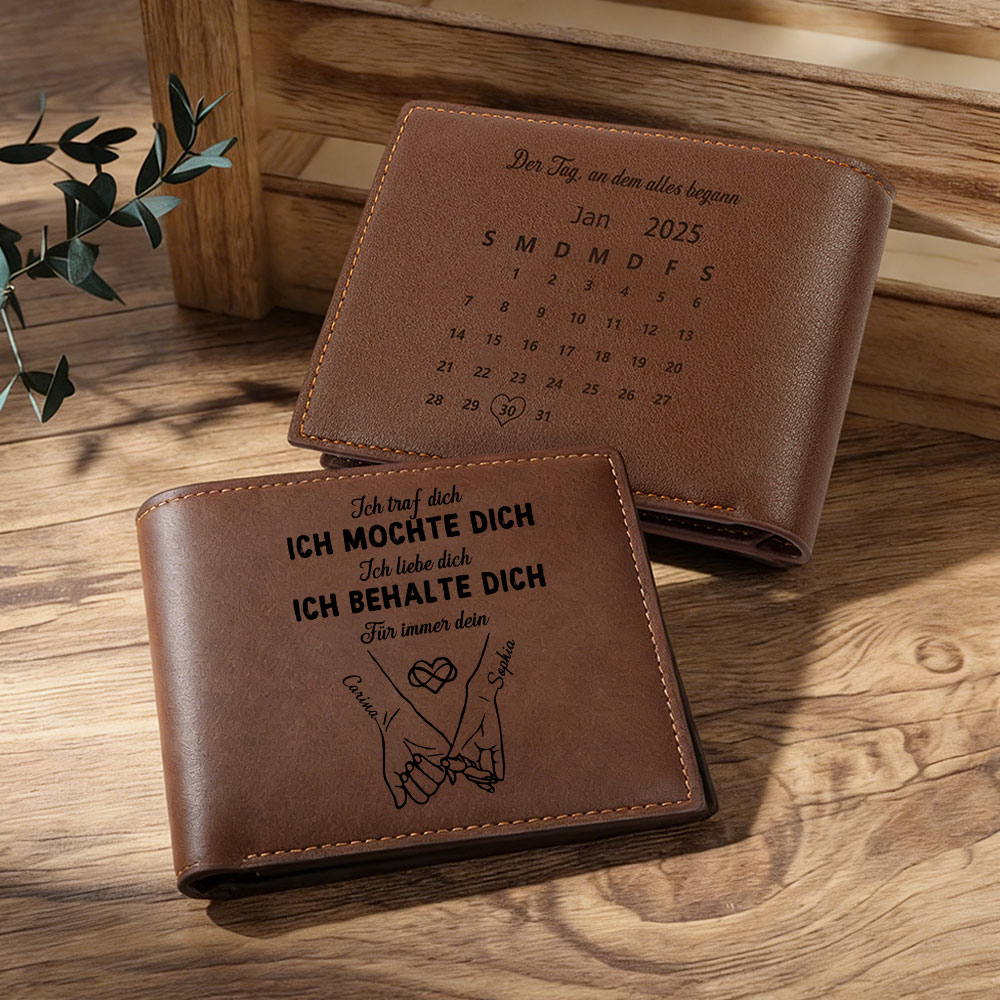 Personalisierte Herren-Ledergeldbörse mit Gravur von zwei Namen und einem Kalenderdatum, Paar Händchen haltend, Jubiläums- oder Geburtstagsgeschenk für Freund oder Ehemann Kettenmachen