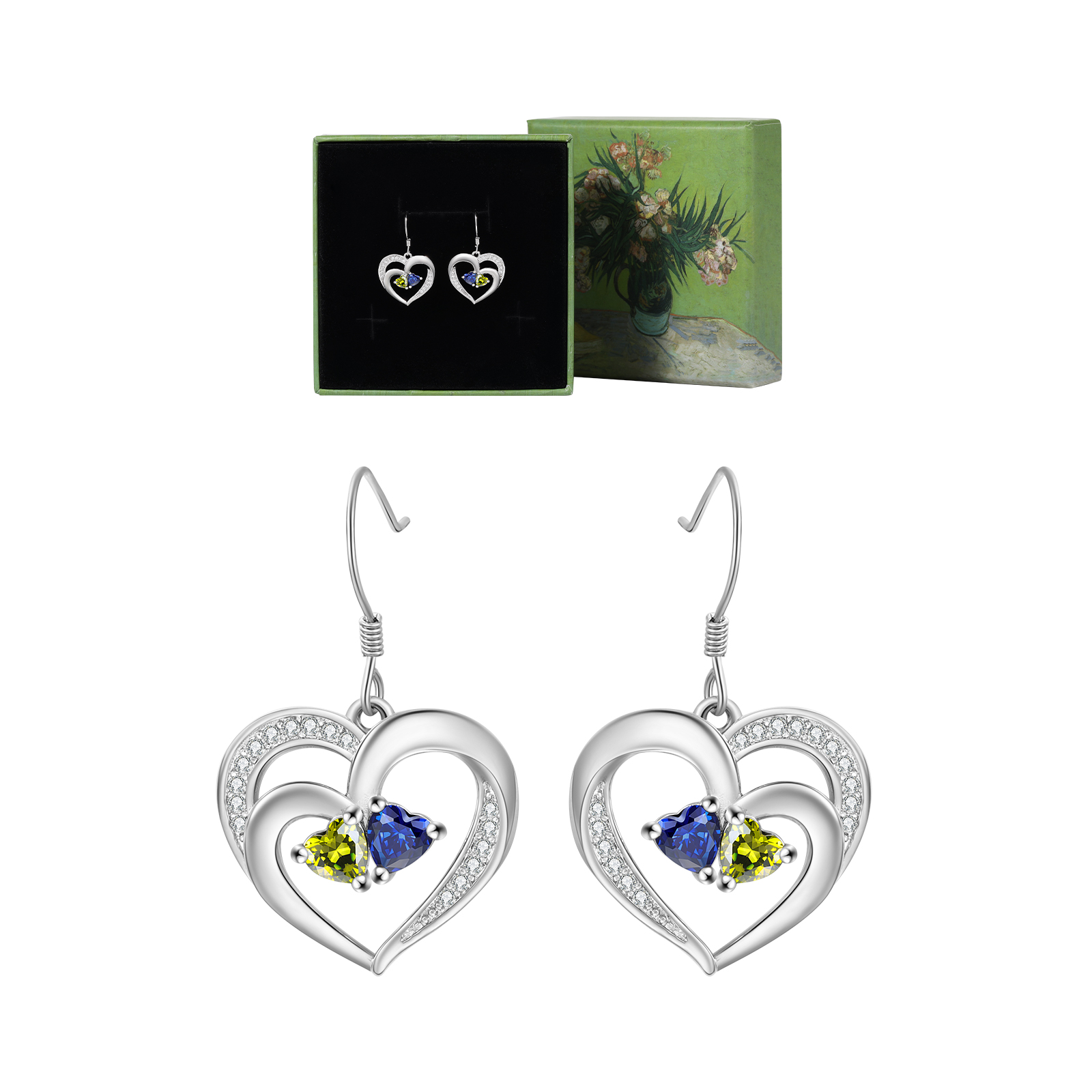 Personalisierte Herz Ohrringe mit 2 Geburtssteinen aus 925er Sterlingsilber