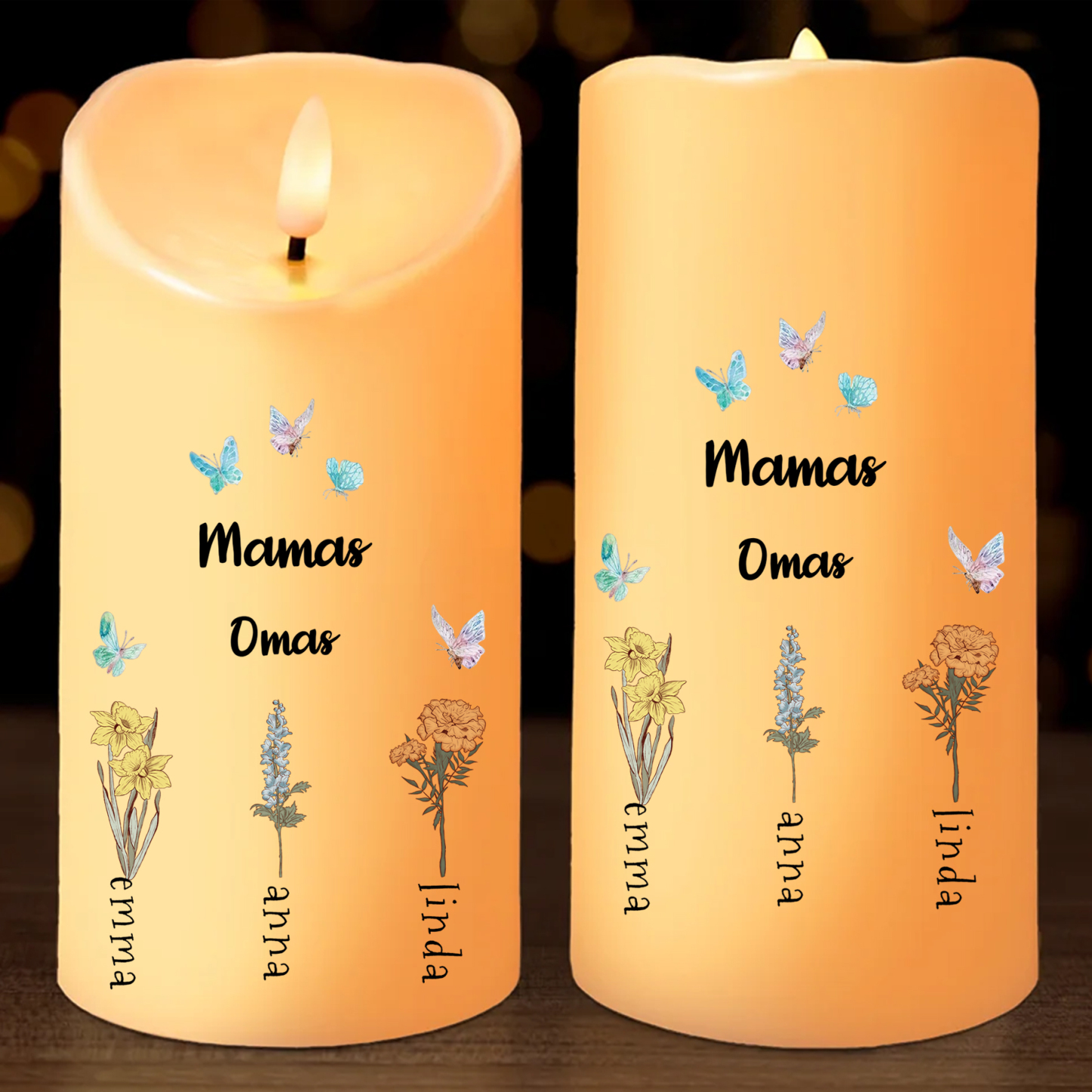 Personalisierte flammenlose LED-Stumpenkerze – Blumen, Schmetterlinge & bis zu 6 Namen für Mama & Oma