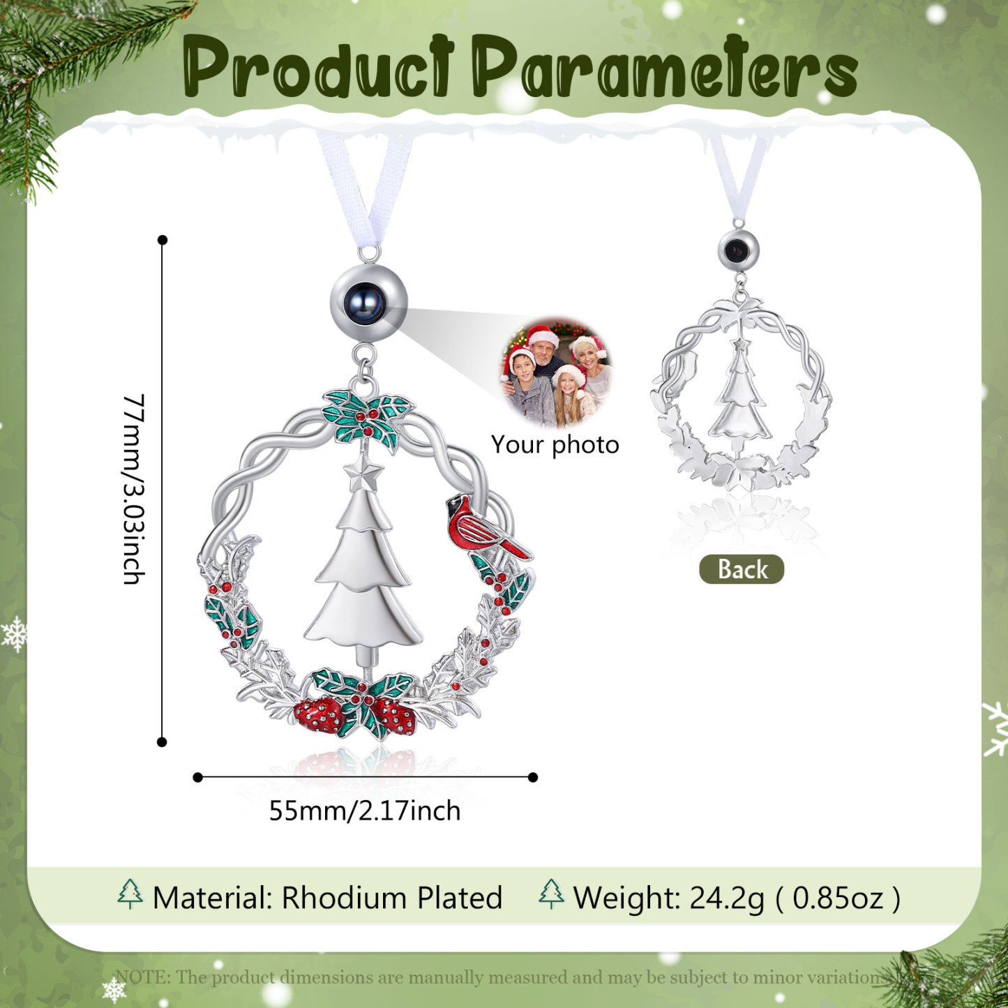 Personalisiertes Weihnachts‑Projektionsornament – Kranz mit Tannenbaum, Foto im Stein, Christbaumanhänger, Weihnachtsanhänger