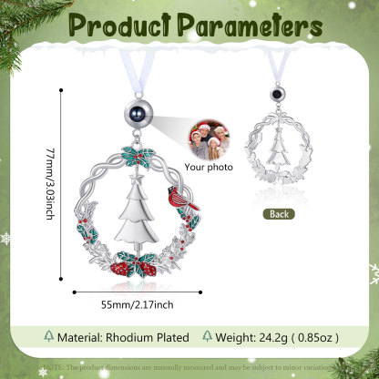 Personalisiertes Weihnachts‑Projektionsornament – Kranz mit Tannenbaum, Foto im Stein, Christbaumanhänger, Weihnachtsanhänger